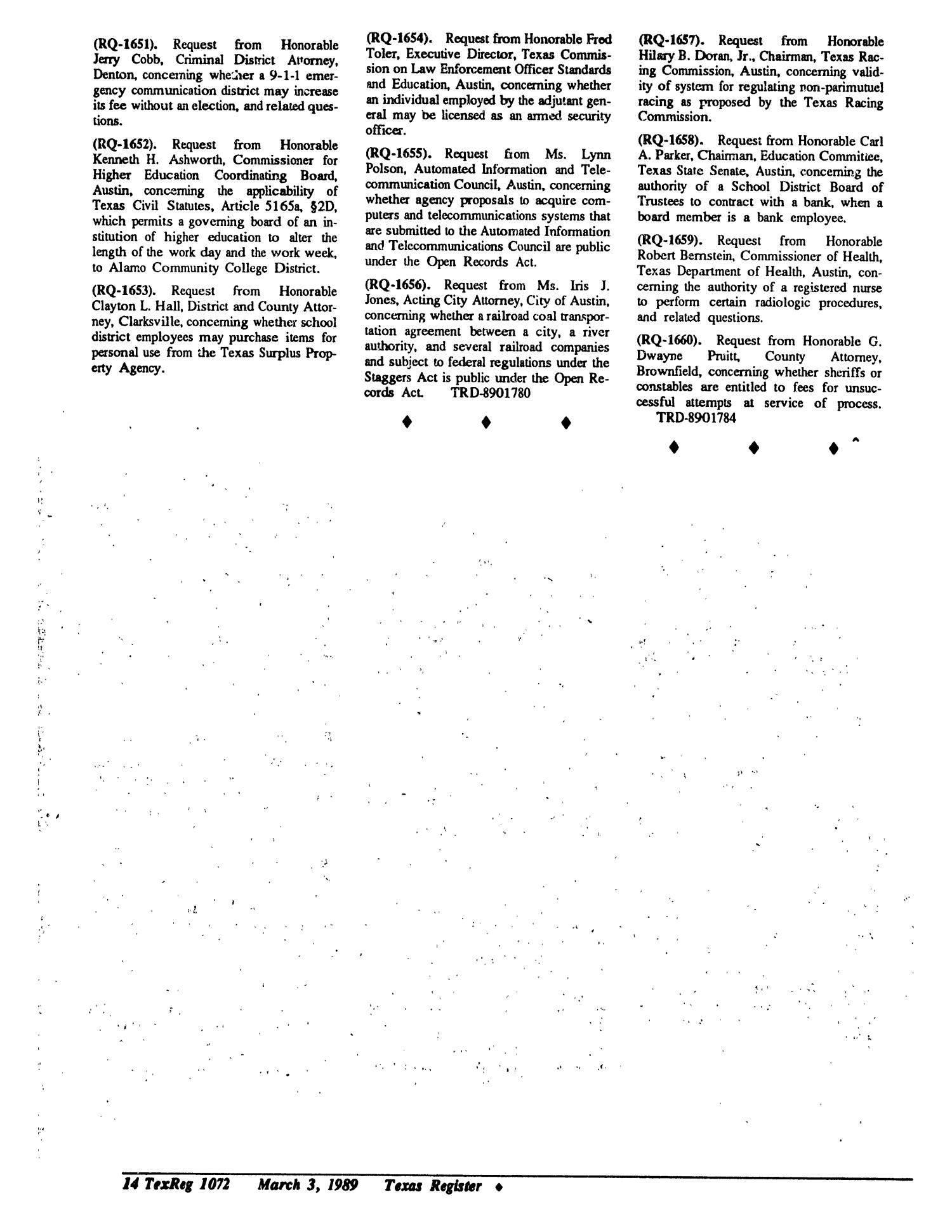 Texas Register, Volume 14, Number 17, Pages 1063-1136, March 3, 1989
                                                
                                                    1072
                                                