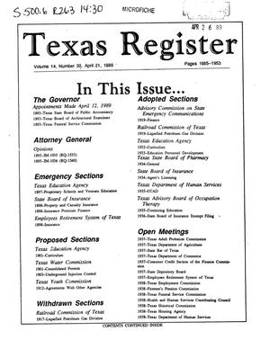 Primary view of object titled 'Texas Register, Volume 14, Number 30, Pages 1885-1953, April 21, 1989'.