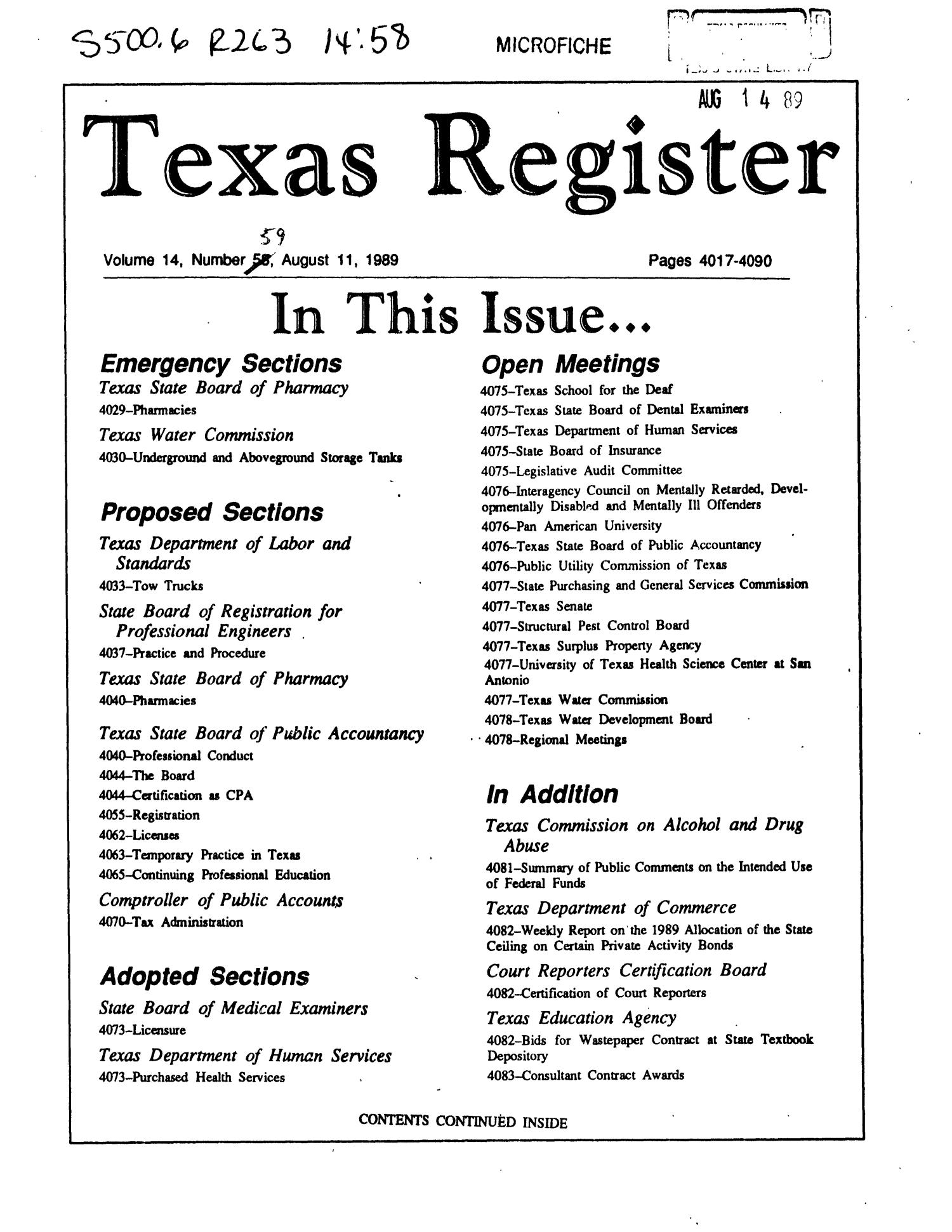Texas Register, Volume 14, Number [59], Pages 4017-4090, August 15, 1989
                                                
                                                    Title Page
                                                