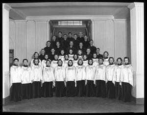 Primary view of object titled '[Unidentified choir poses on stairs]'.