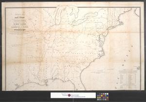 Primary view of object titled 'Skeleton map showing the Rail Roads completed and in progress in the United States, and those projected through the Public Lands and their connection with the principal harbours on the Lakes and on the Seaboard [Sheet 1].'.