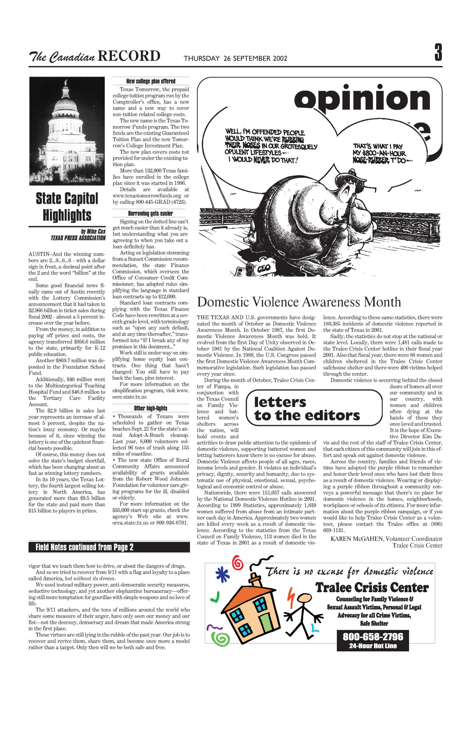 The Canadian Record (Canadian, Tex.), Vol. 112, No. 39, Ed. 1 Thursday, September 26, 2002
                                                
                                                    [Sequence #]: 3 of 28
                                                
