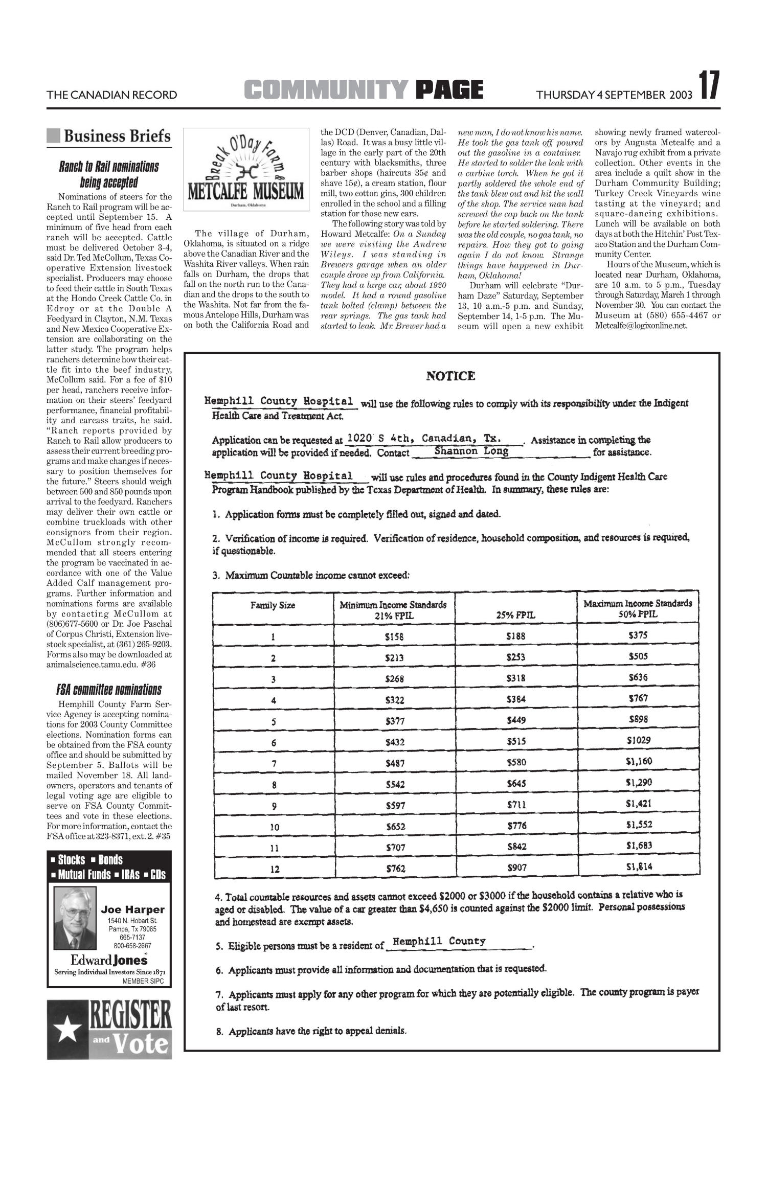 The Canadian Record (Canadian, Tex.), Vol. 113, No. 36, Ed. 1 Thursday, September 4, 2003
                                                
                                                    [Sequence #]: 17 of 24
                                                