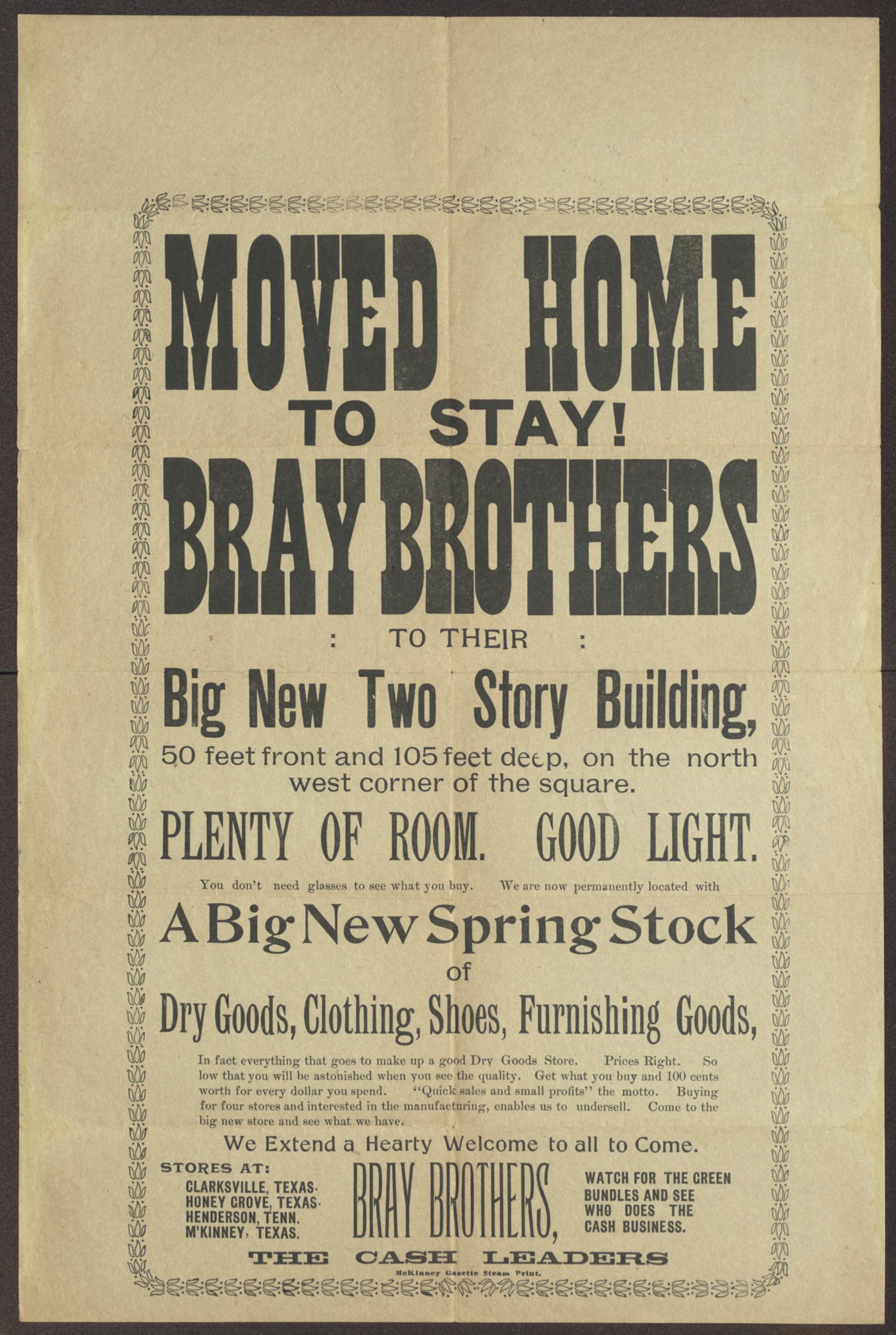 [Flyer for Bray Brothers Store]
                                                
                                                    [Sequence #]: 1 of 2
                                                