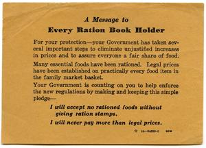 Primary view of object titled '[Card with message for ration book holders]'.