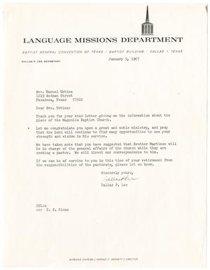 Primary view of object titled '[Letter from Dallas P. Lee to Reverend Manuel Urbina - January 5, 1967]'.