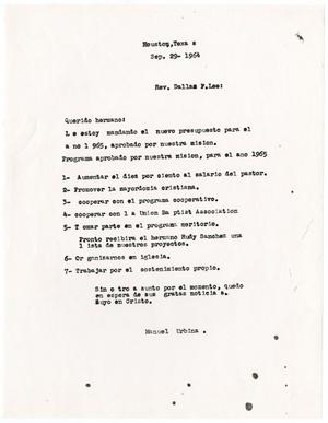 Primary view of object titled '[Letter from Manuel Urbina to Dallas P. Lee - 1964-09-29]'.