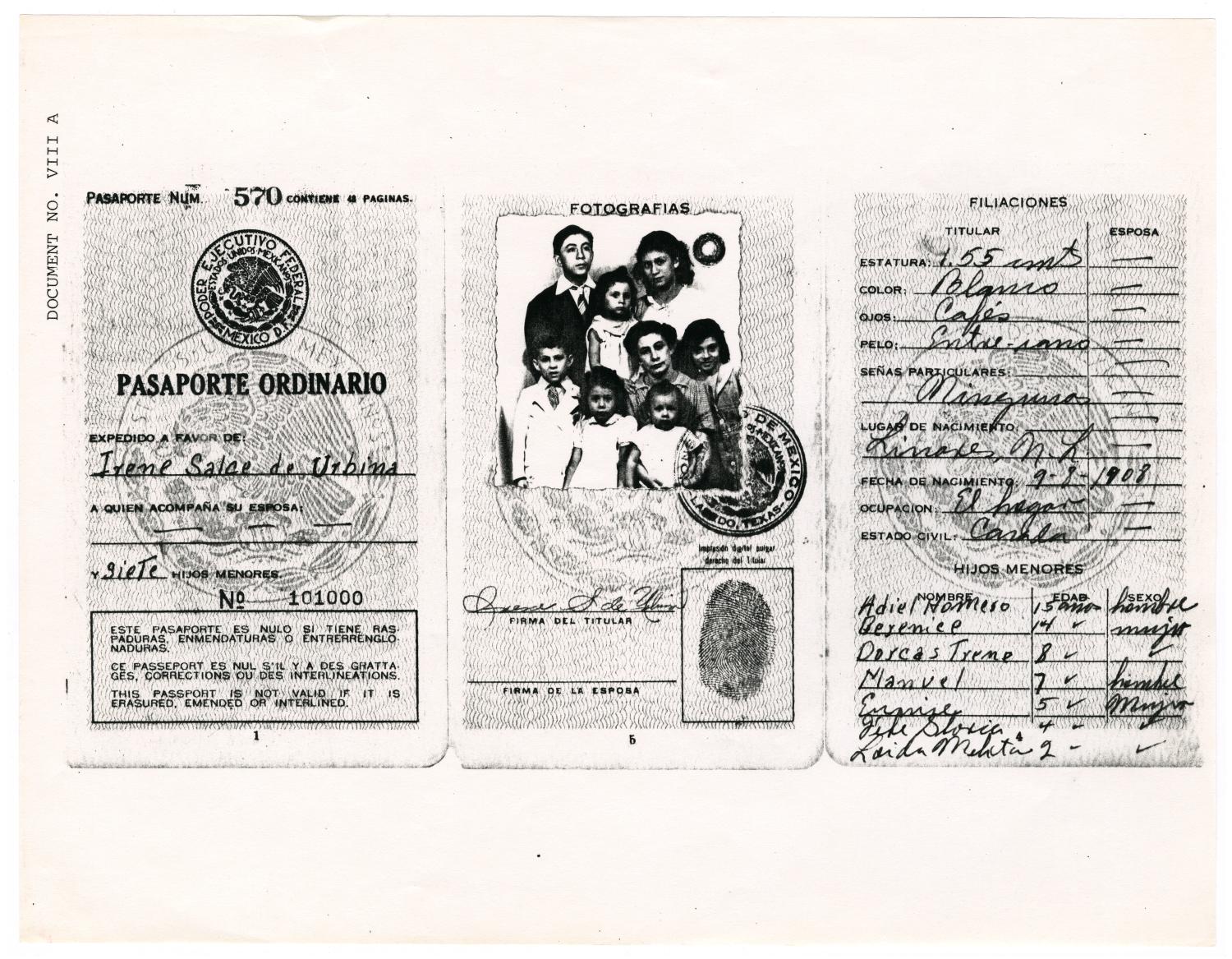 [Passport for Irene Salce de Urbina and her children]
                                                
                                                    [Sequence #]: 1 of 2
                                                