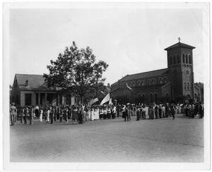 Primary view of object titled '[Gathering of parishoners at Leon]'.