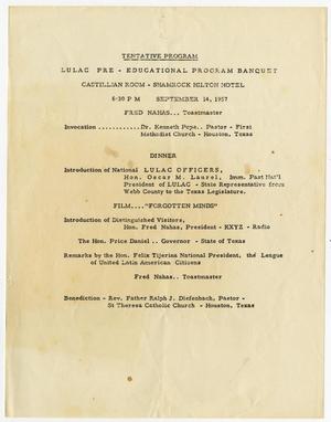 Primary view of object titled 'Tentative Program, LULAC Pre-Educational Program Banquet, September 14, 1957'.