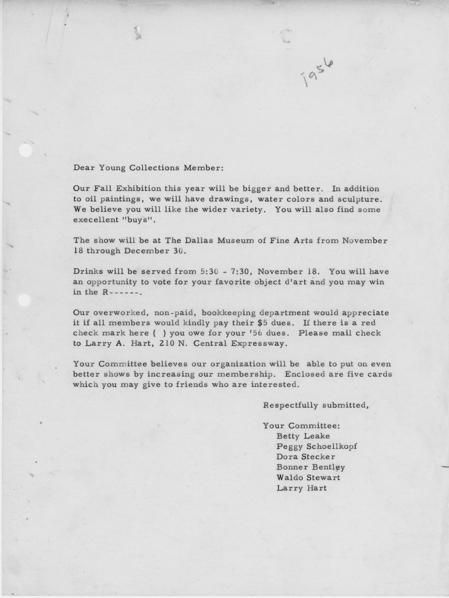 [Letter from Young Collection Committee to Members - 1956]
                                                
                                                    [Sequence #]: 1 of 1
                                                