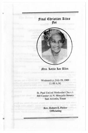 Primary view of object titled '[Funeral Program for Lottie Lee Allen, July 19, 1989]'.