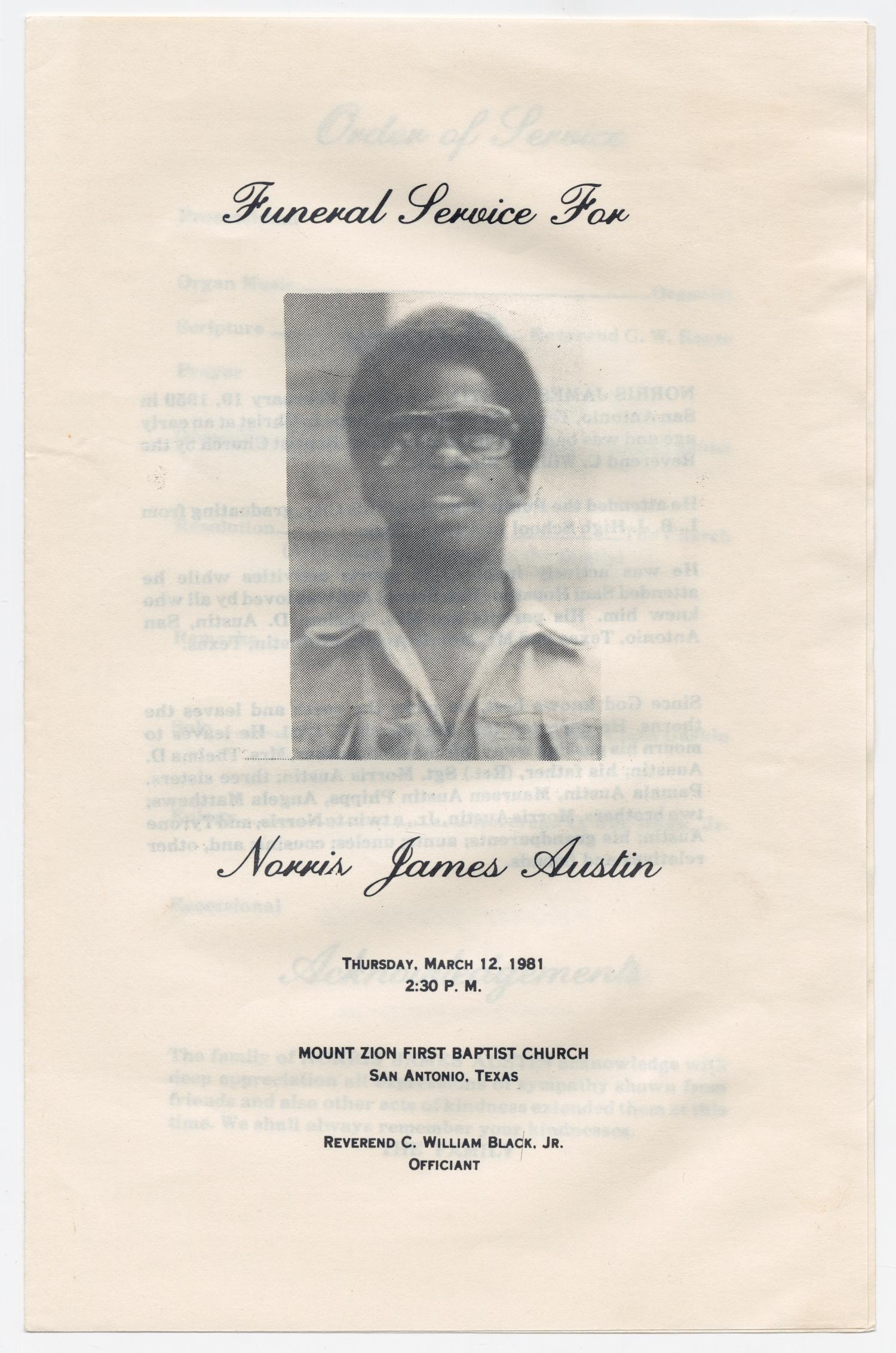 [Funeral Program for Norris James Austin, March 12, 1981]
                                                
                                                    [Sequence #]: 1 of 3
                                                
