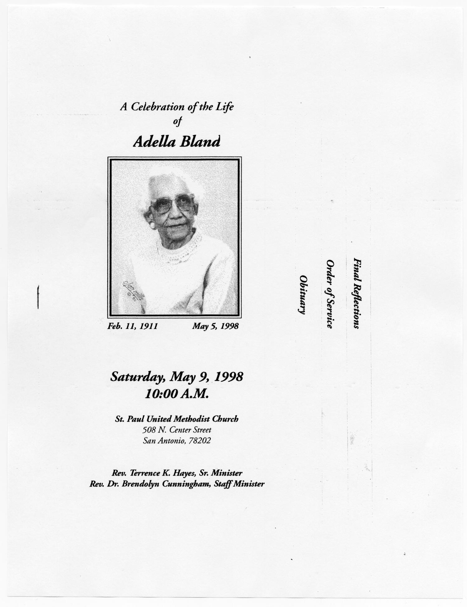 [Funeral Program for Adella Bland, May 9, 1998]
                                                
                                                    [Sequence #]: 1 of 5
                                                