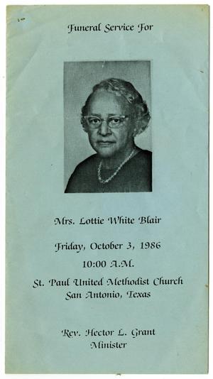 Primary view of object titled '[Funeral Program for Lottie White Blair, October 3, 1986]'.