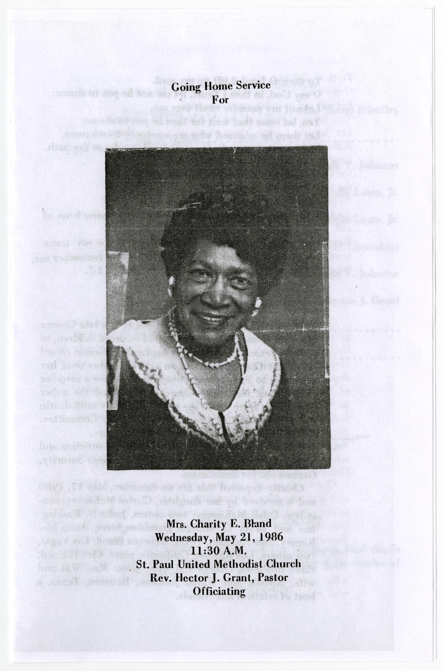 [Funeral Program for Charity E. Bland, May 21, 1986]
                                                
                                                    [Sequence #]: 1 of 3
                                                