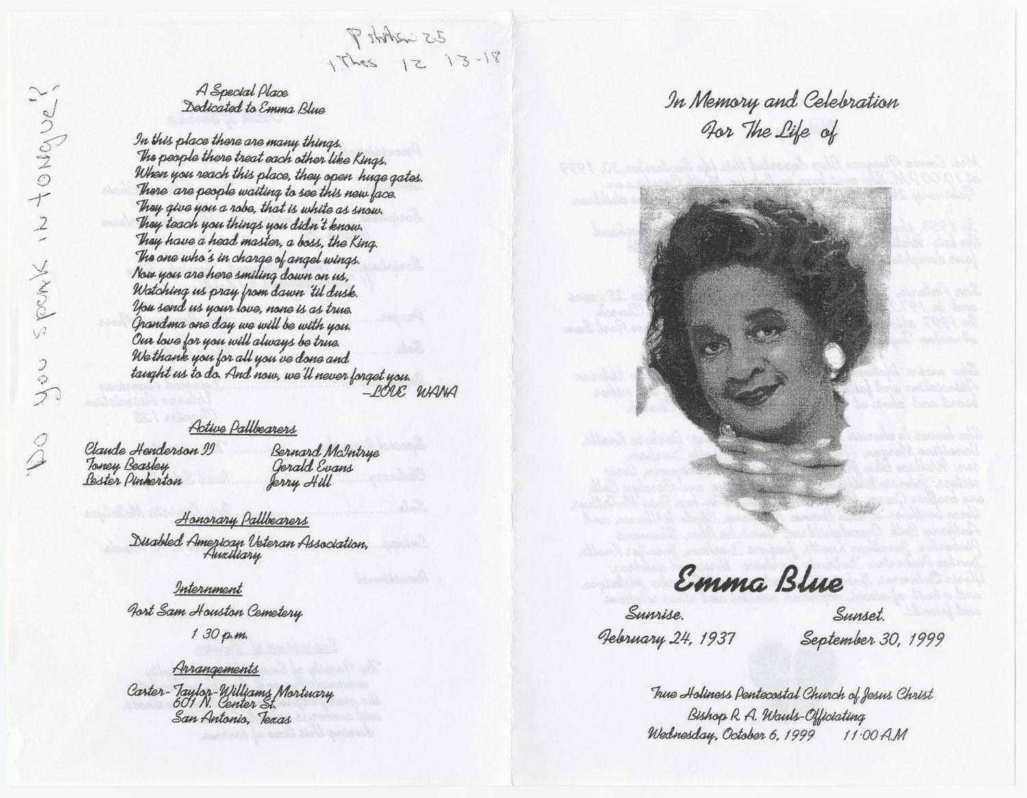 [Funeral Program for Emma Blue, October 6, 1999]
                                                
                                                    [Sequence #]: 3 of 3
                                                