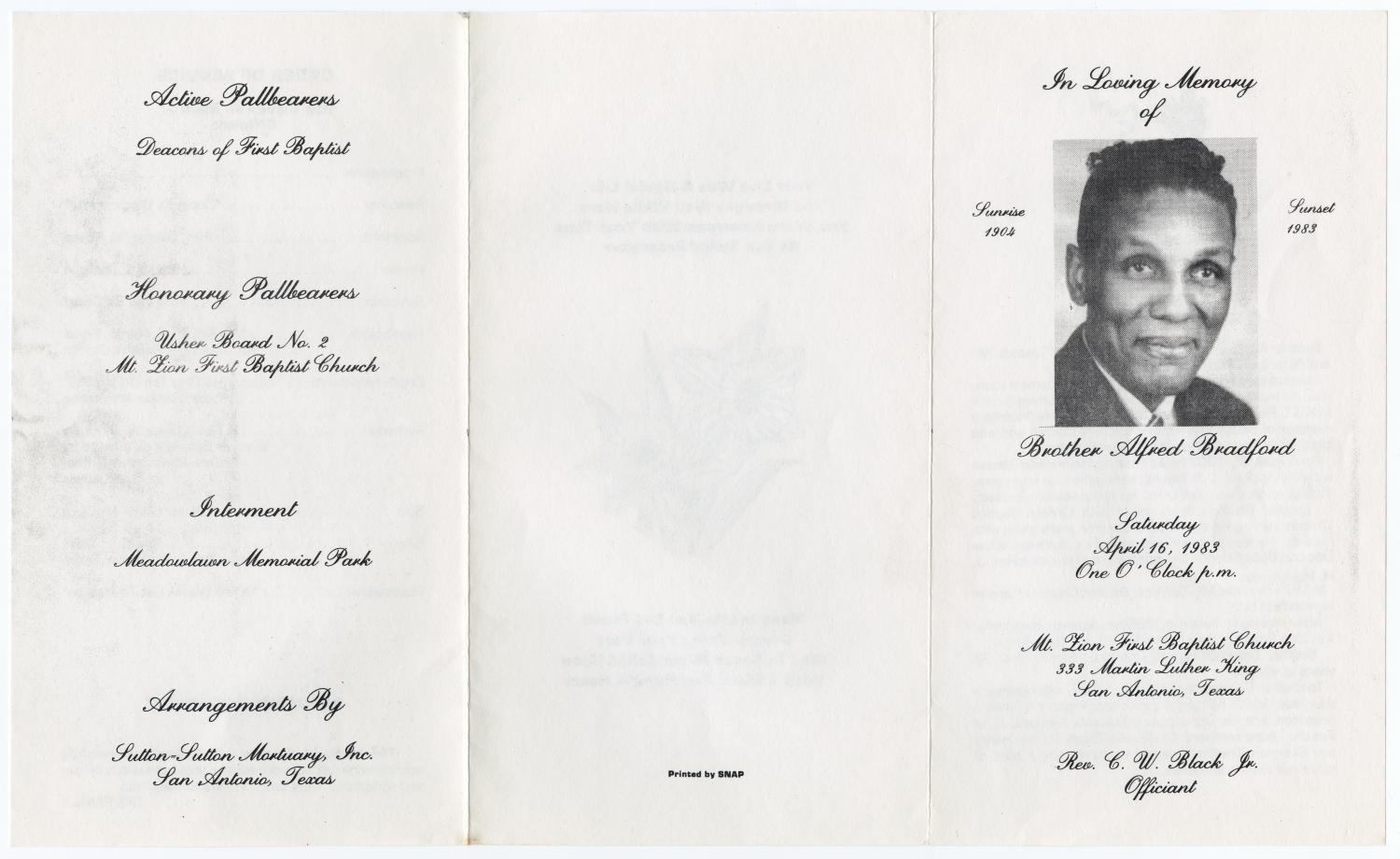 [Funeral Program for Alfred Bradford, April 16, 1983]
                                                
                                                    [Sequence #]: 3 of 3
                                                