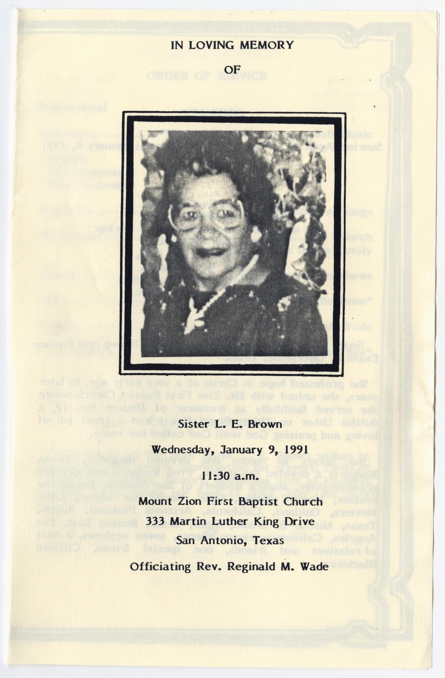 [Funeral Program for L. E. Brown, Januay 9, 1991]
                                                
                                                    [Sequence #]: 1 of 3
                                                
