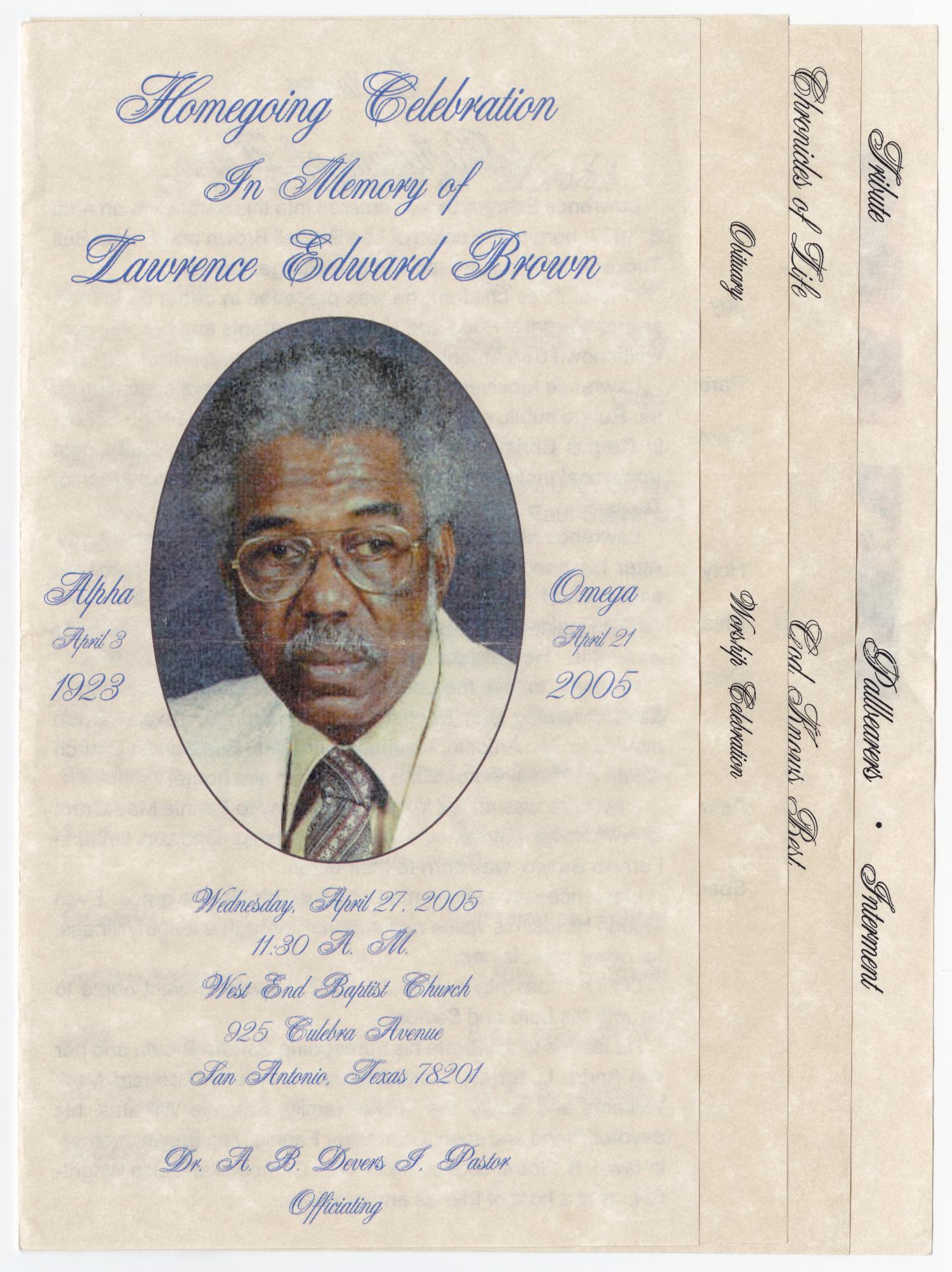 [Funeral Program for Lawrence Edward Brown, April 27, 2005]
                                                
                                                    [Sequence #]: 1 of 5
                                                