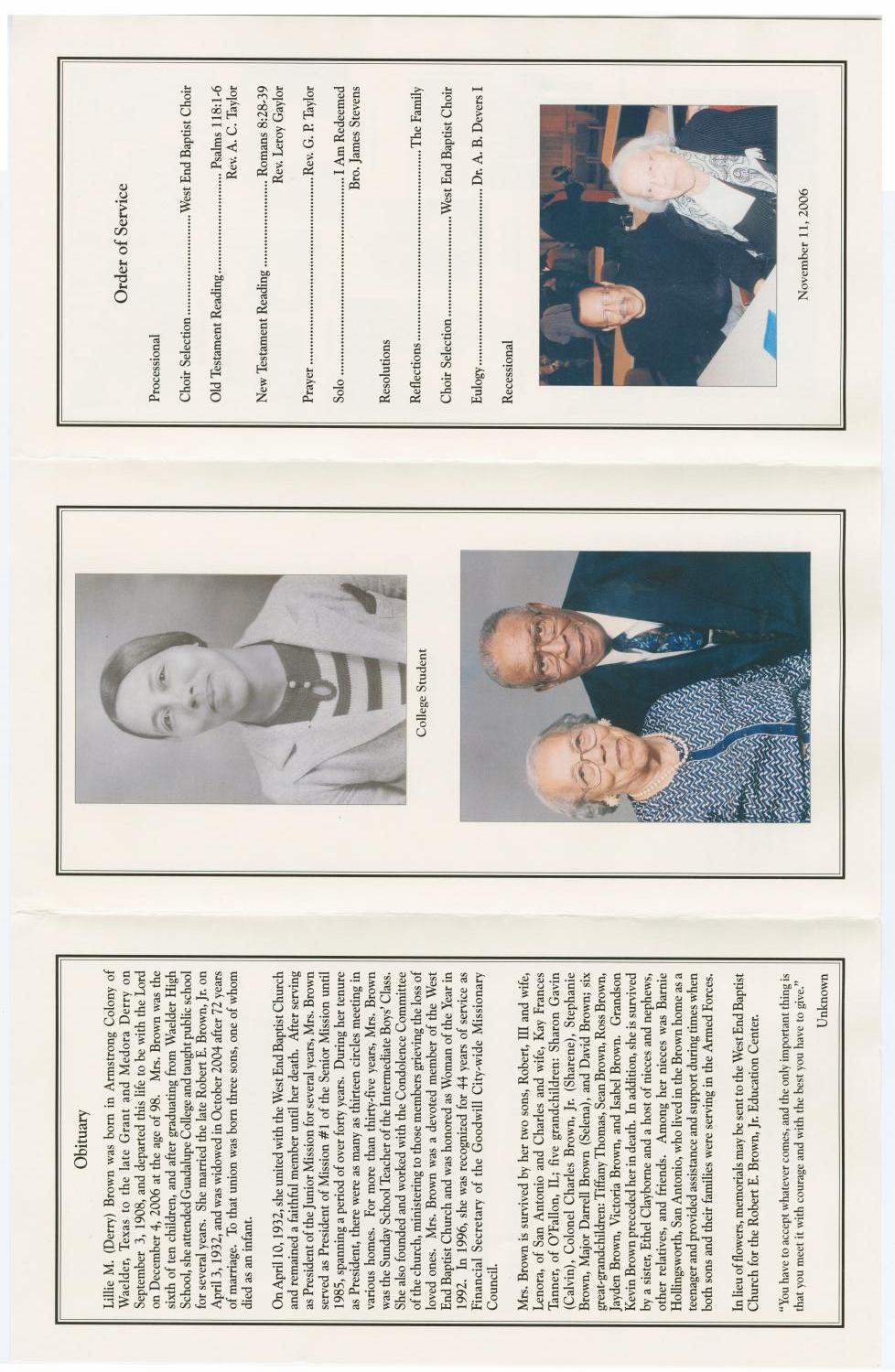 [Funeral Program for Lillie M. Brown, December 9, 2006]
                                                
                                                    [Sequence #]: 2 of 3
                                                