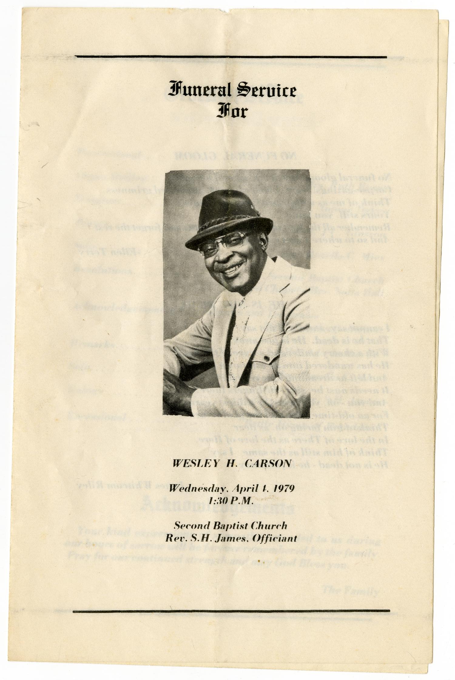 [Funeral Program for Wesley H. Carson, April 1, 1979]
                                                
                                                    [Sequence #]: 1 of 3
                                                
