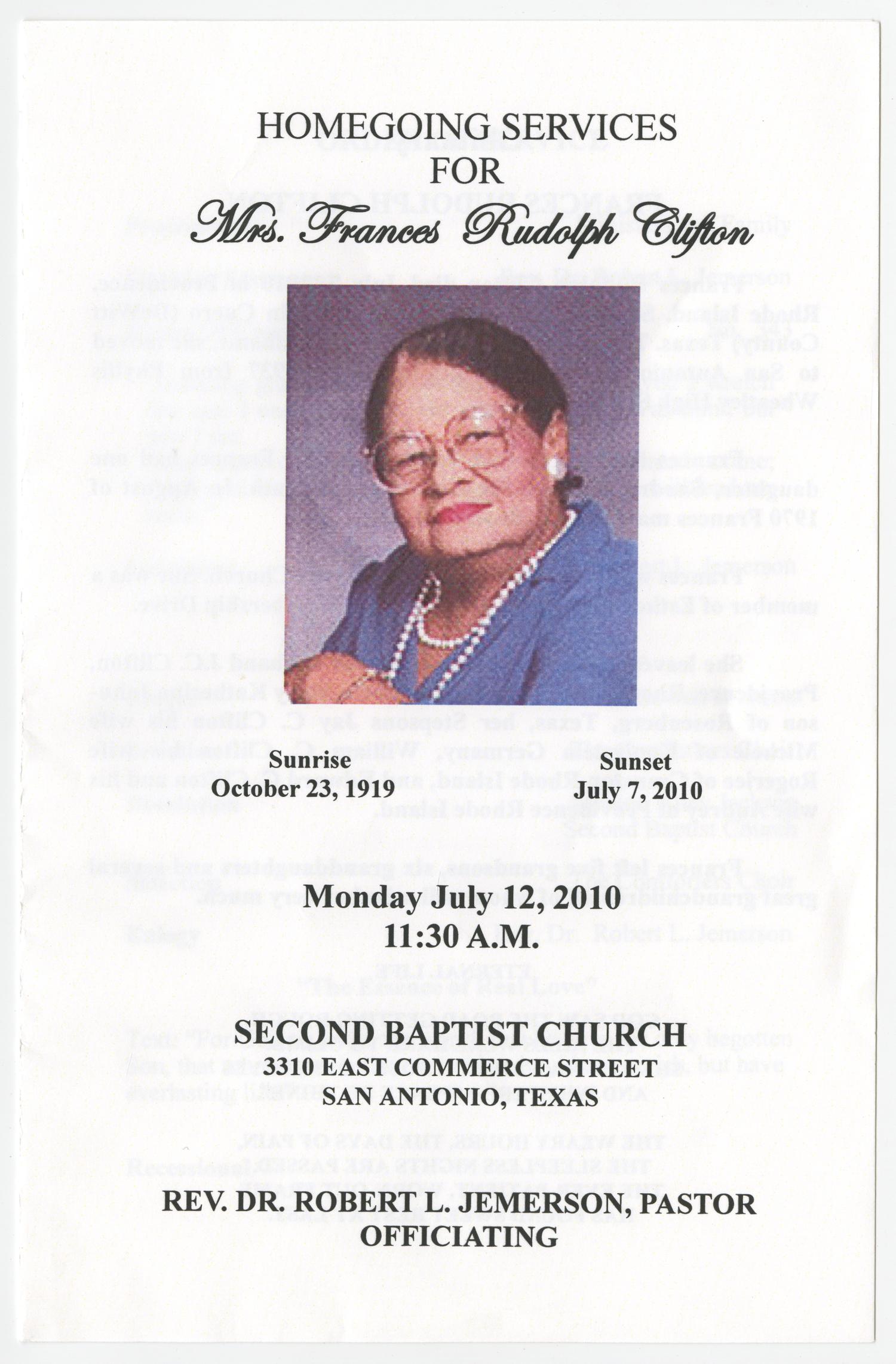 [Funeral Program for Frances Rudolph Clifton, July 12, 2010]
                                                
                                                    [Sequence #]: 1 of 3
                                                