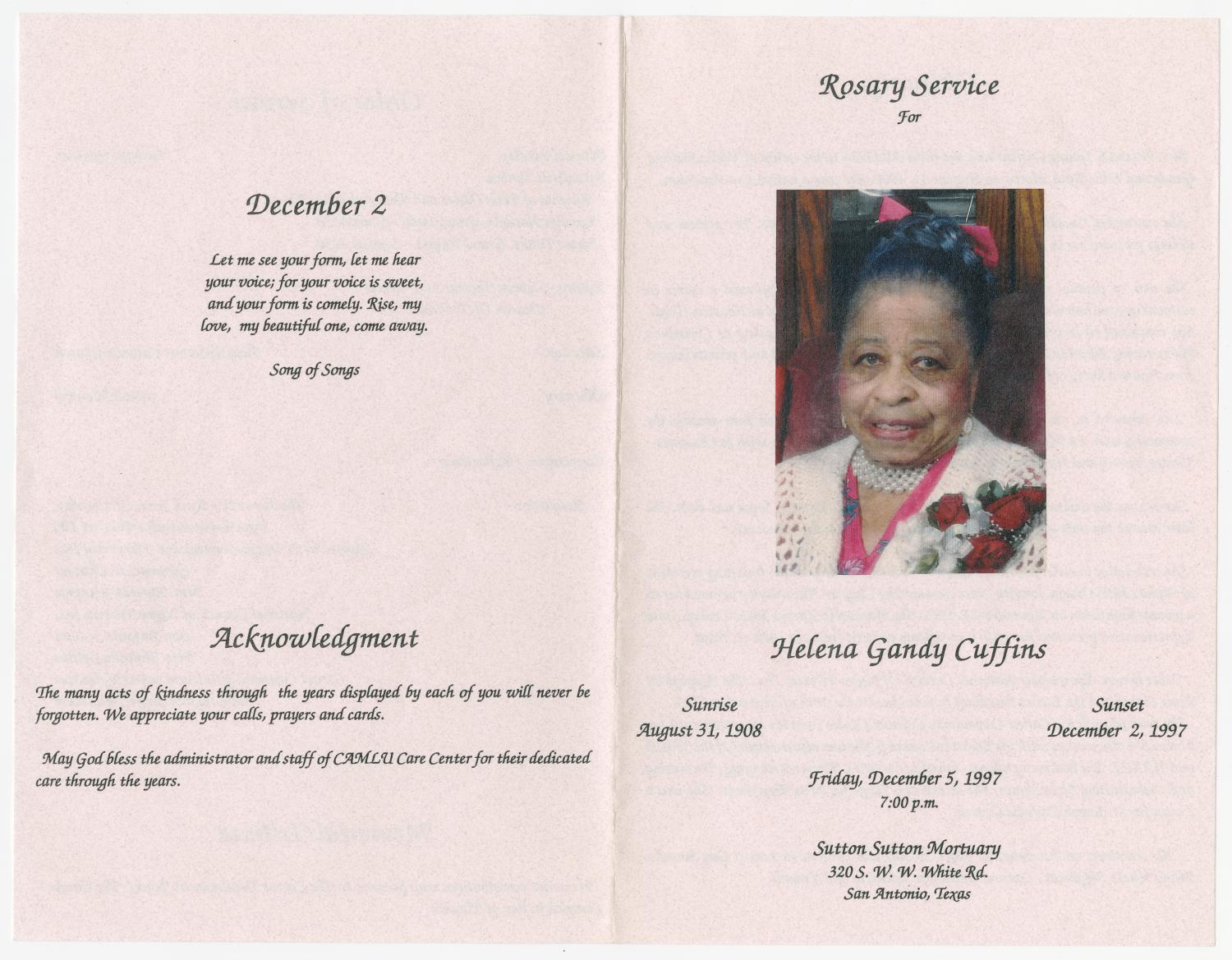 [Funeral Program for Helena Gandy Cuffins, December 5, 1997]
                                                
                                                    [Sequence #]: 3 of 3
                                                