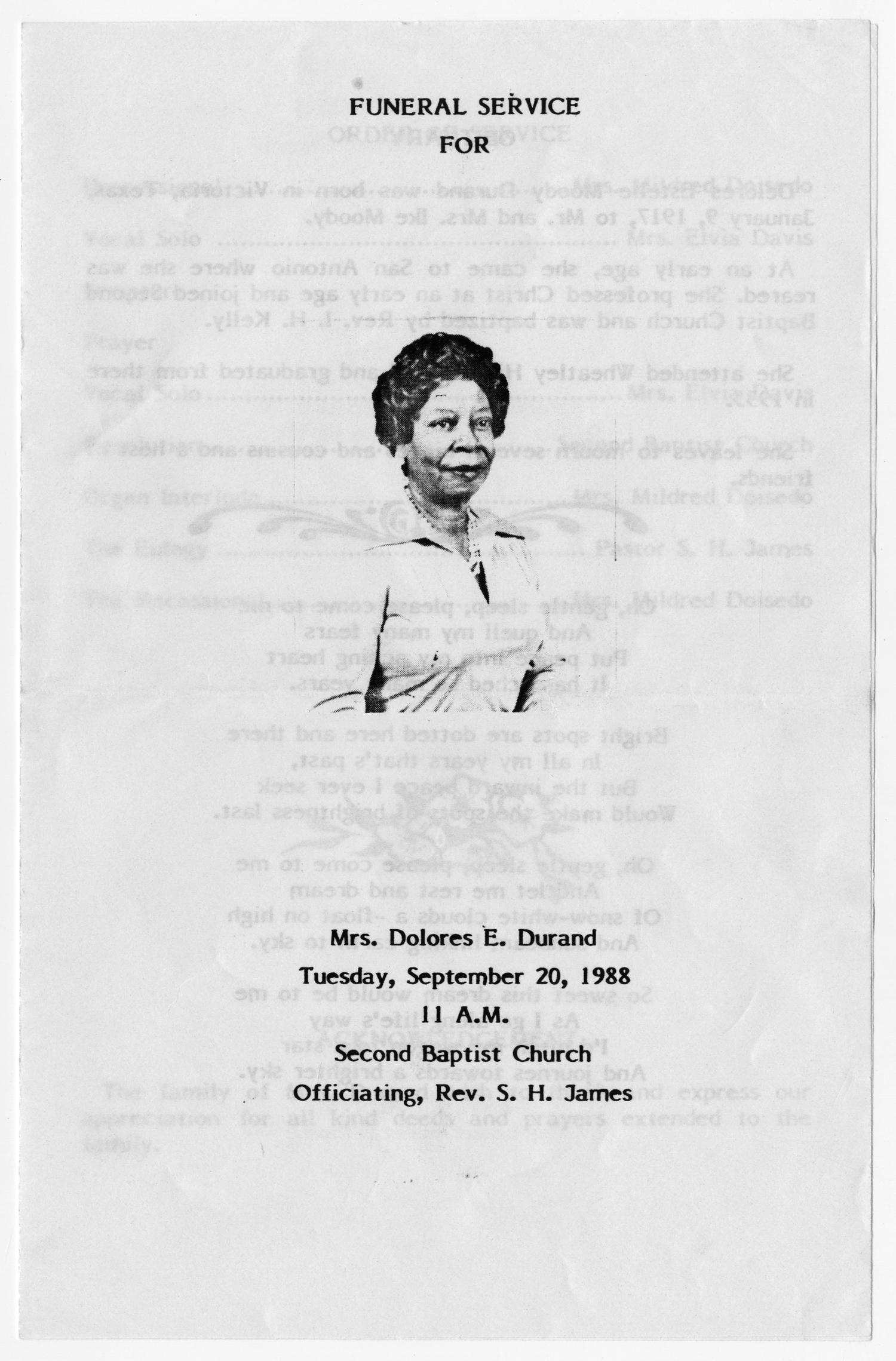 [Funeral Program for Dolores E. Durand, September 20, 1988]
                                                
                                                    [Sequence #]: 1 of 3
                                                