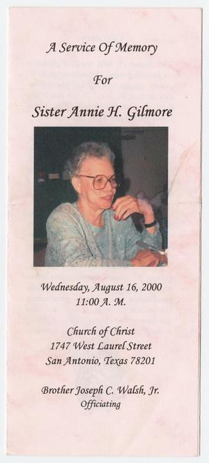Primary view of object titled '[Funeral Program for Annie H. Gilmore, August 16, 2000]'.