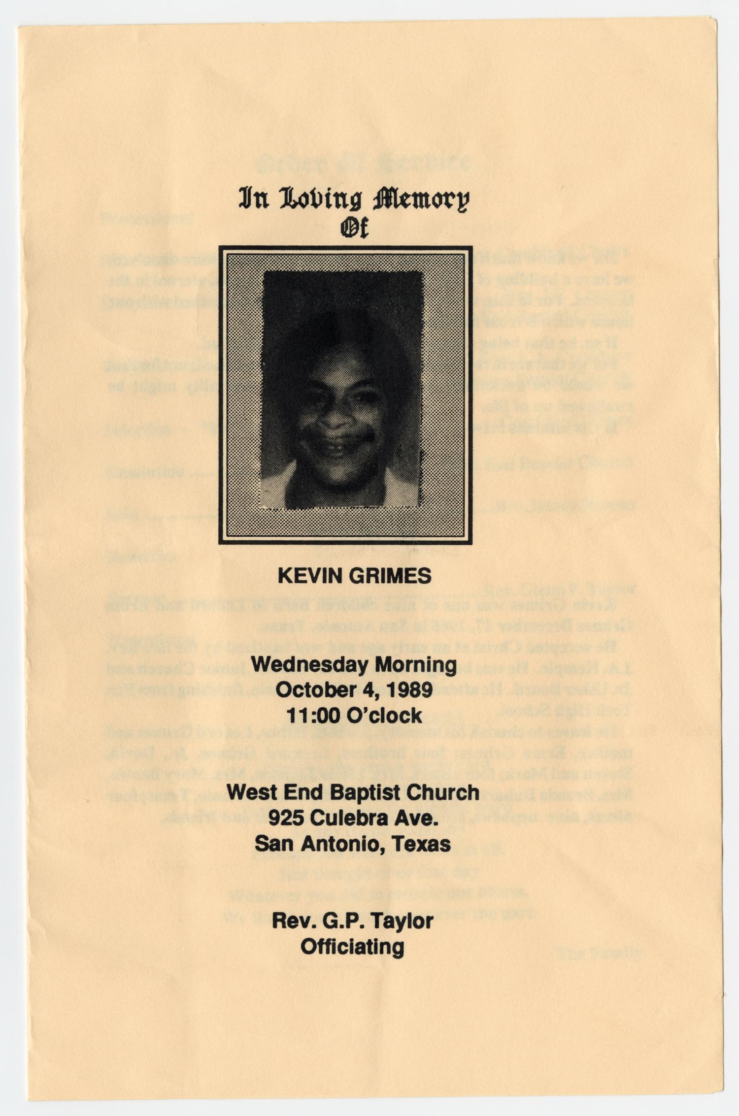 [Funeral Program for Kevin Grimes, October 4, 1989]
                                                
                                                    [Sequence #]: 1 of 3
                                                