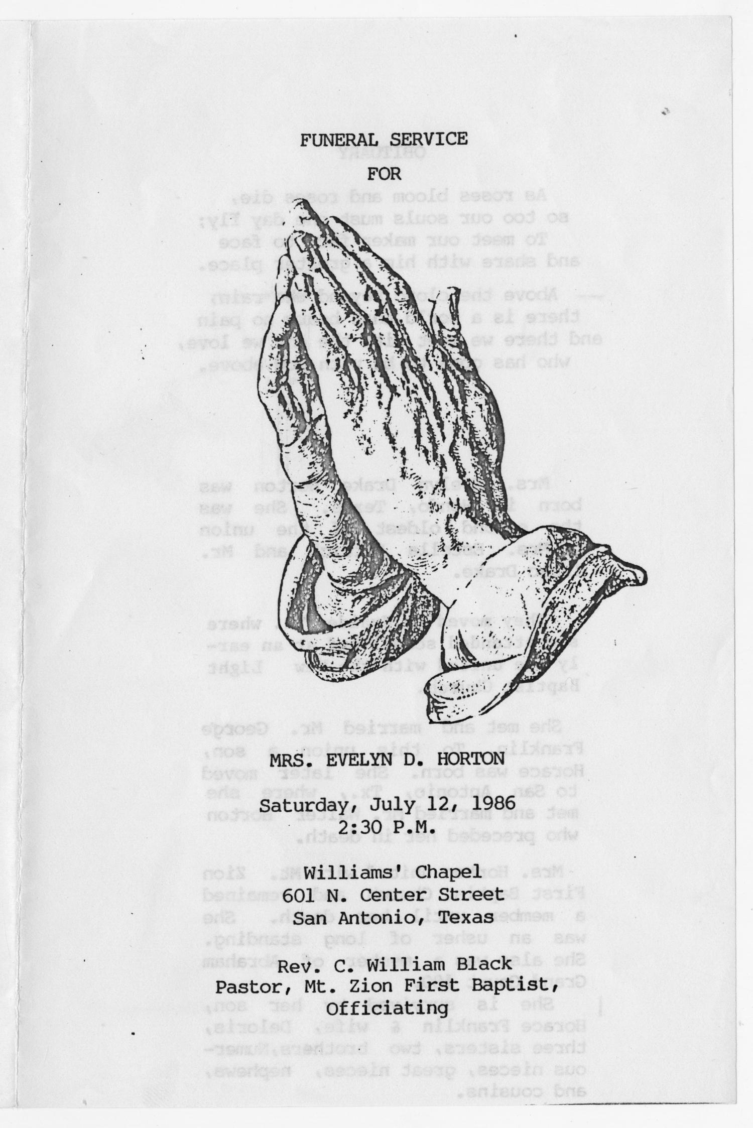 [Funeral Program for Evelyn D. Horton, July 12, 1986]
                                                
                                                    [Sequence #]: 1 of 3
                                                