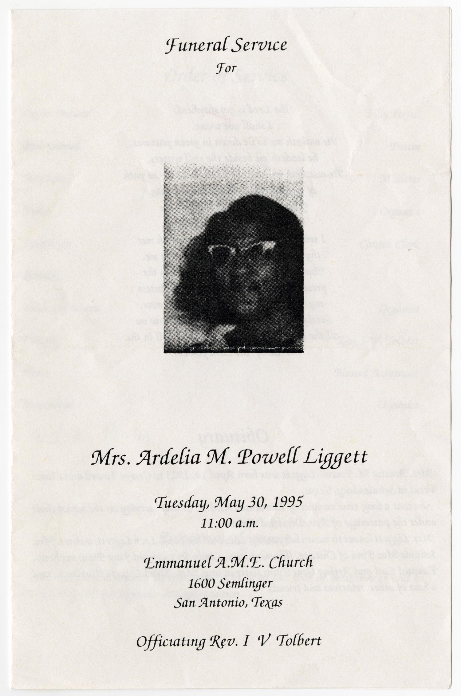[Funeral Program for Ardelia M. Powell Liggett, May 30, 1995]
                                                
                                                    [Sequence #]: 1 of 3
                                                