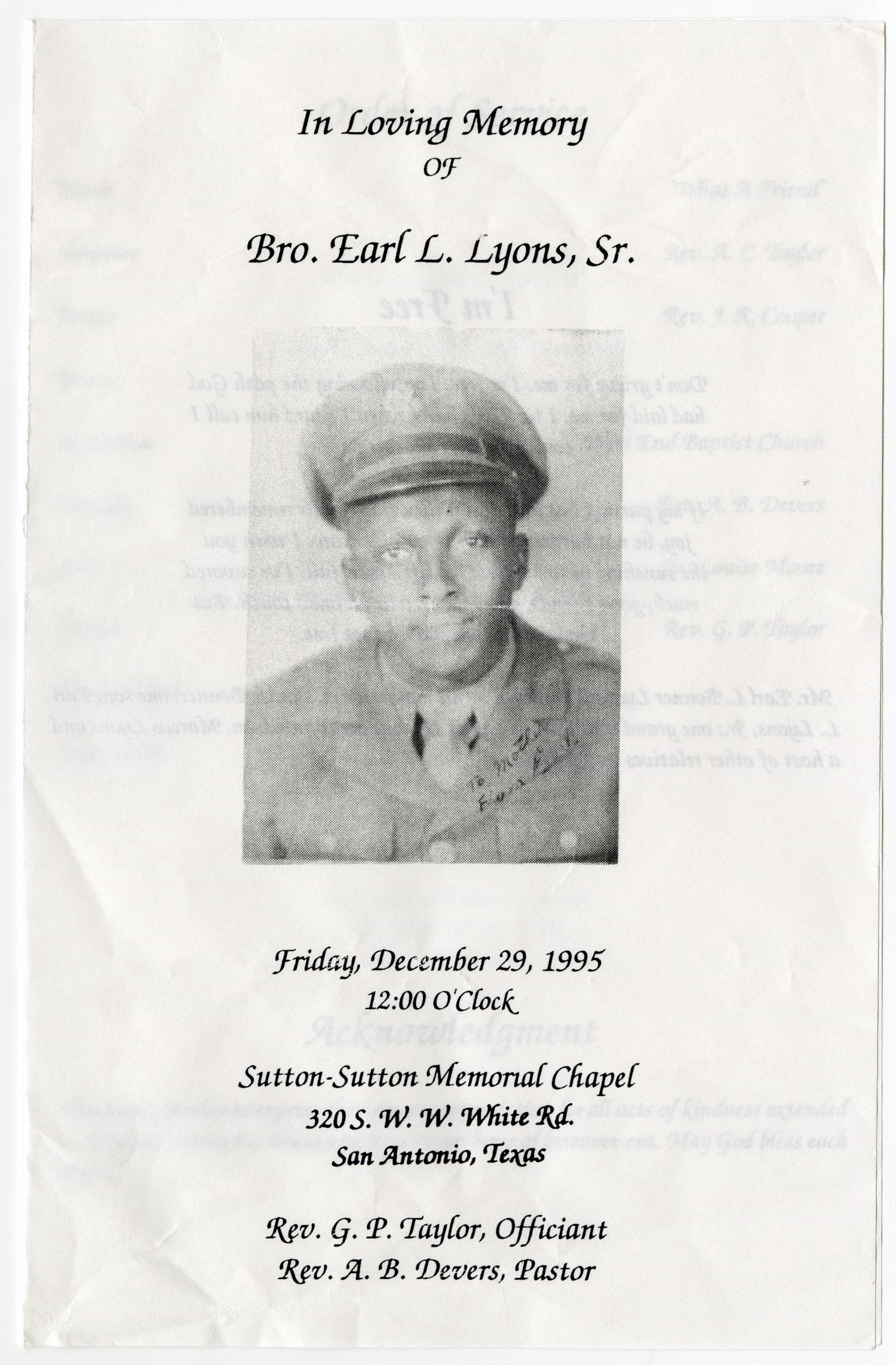 [Funeral Program for Earl L. Lyons, Sr., December 29, 1995]
                                                
                                                    [Sequence #]: 1 of 3
                                                