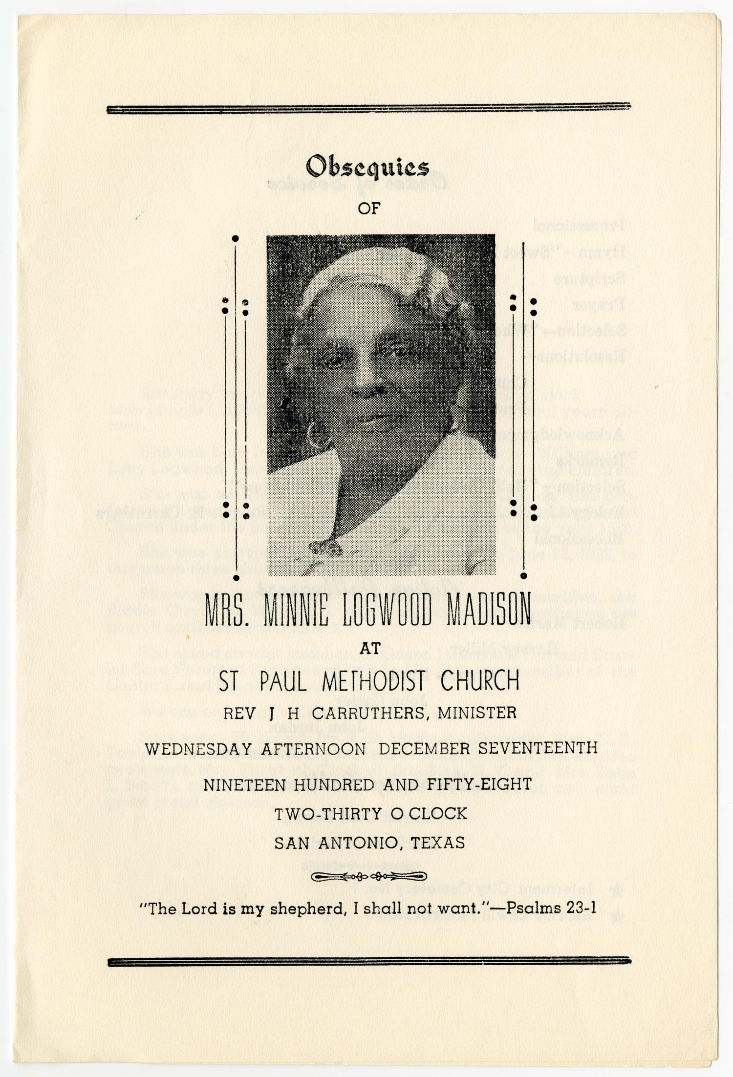 [Funeral Program for Minnie Logwood Madison, December 17, 1958]
                                                
                                                    [Sequence #]: 1 of 3
                                                