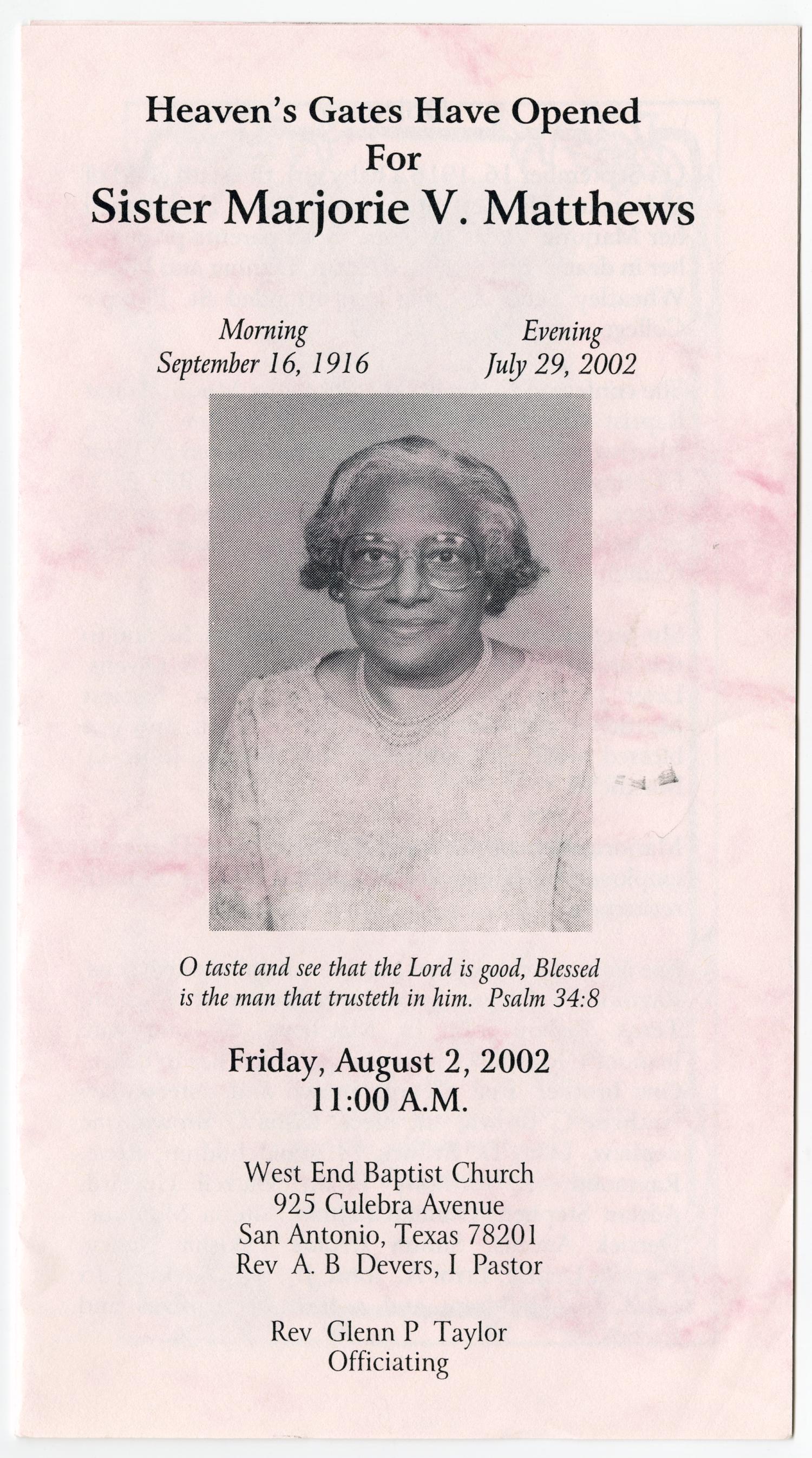 [Funeral Program for Marjorie V. Matthews, August 2, 2002]
                                                
                                                    [Sequence #]: 1 of 3
                                                