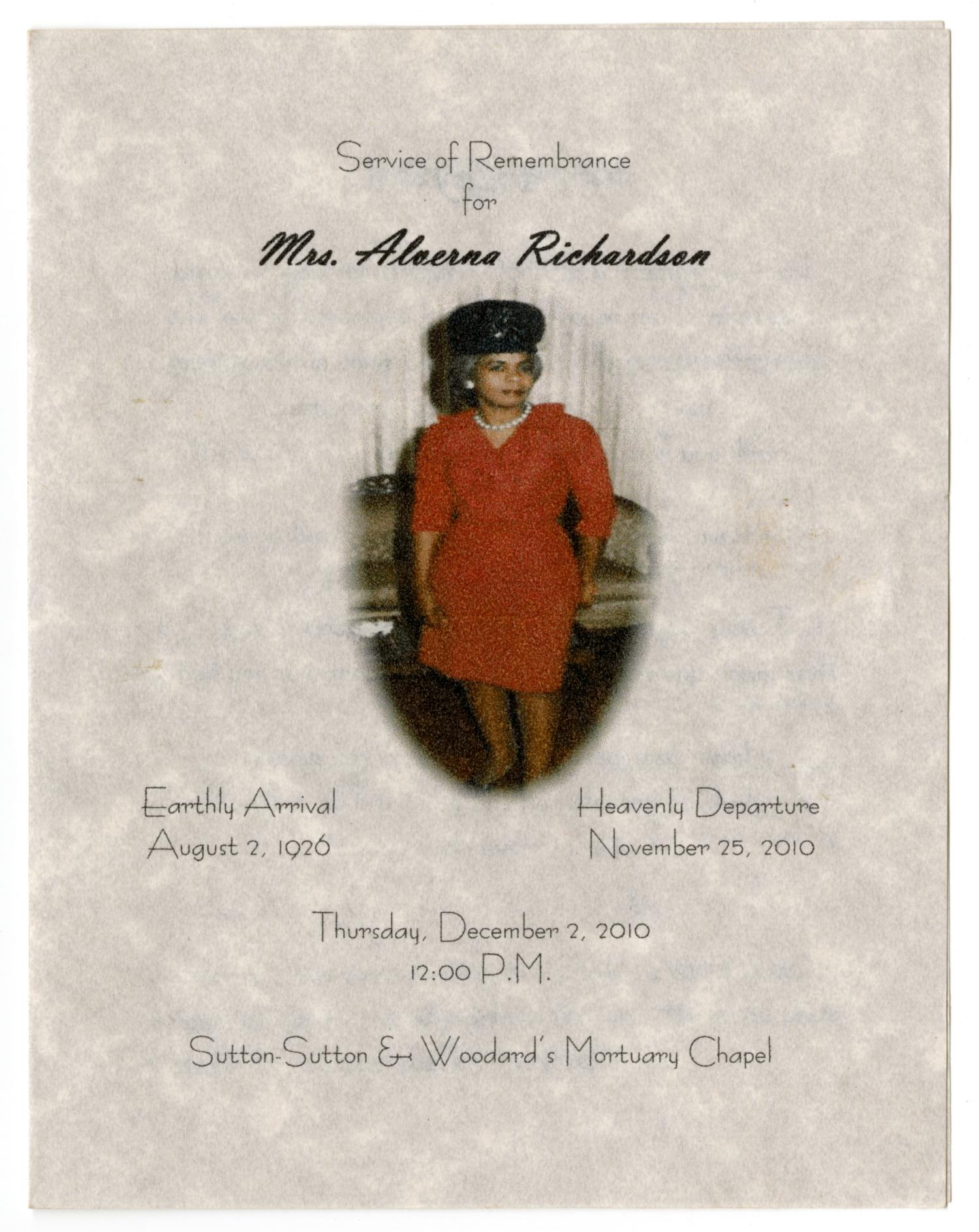 [Funeral Program for Alverna Richardson, December 2, 2010]
                                                
                                                    [Sequence #]: 1 of 3
                                                