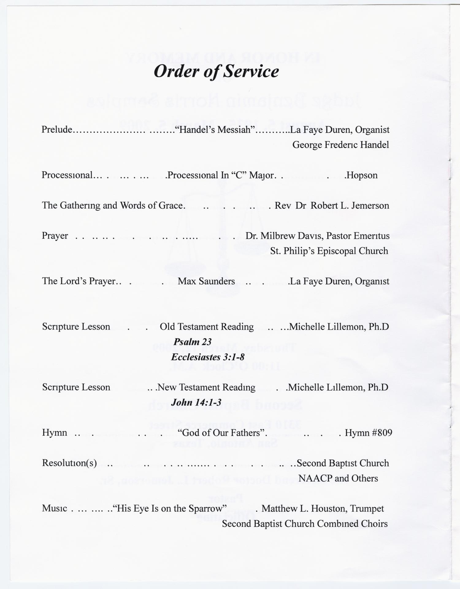 [Funeral Program for Benjamin Norris Samples] - Page 2 of 10 - The Portal to Texas History