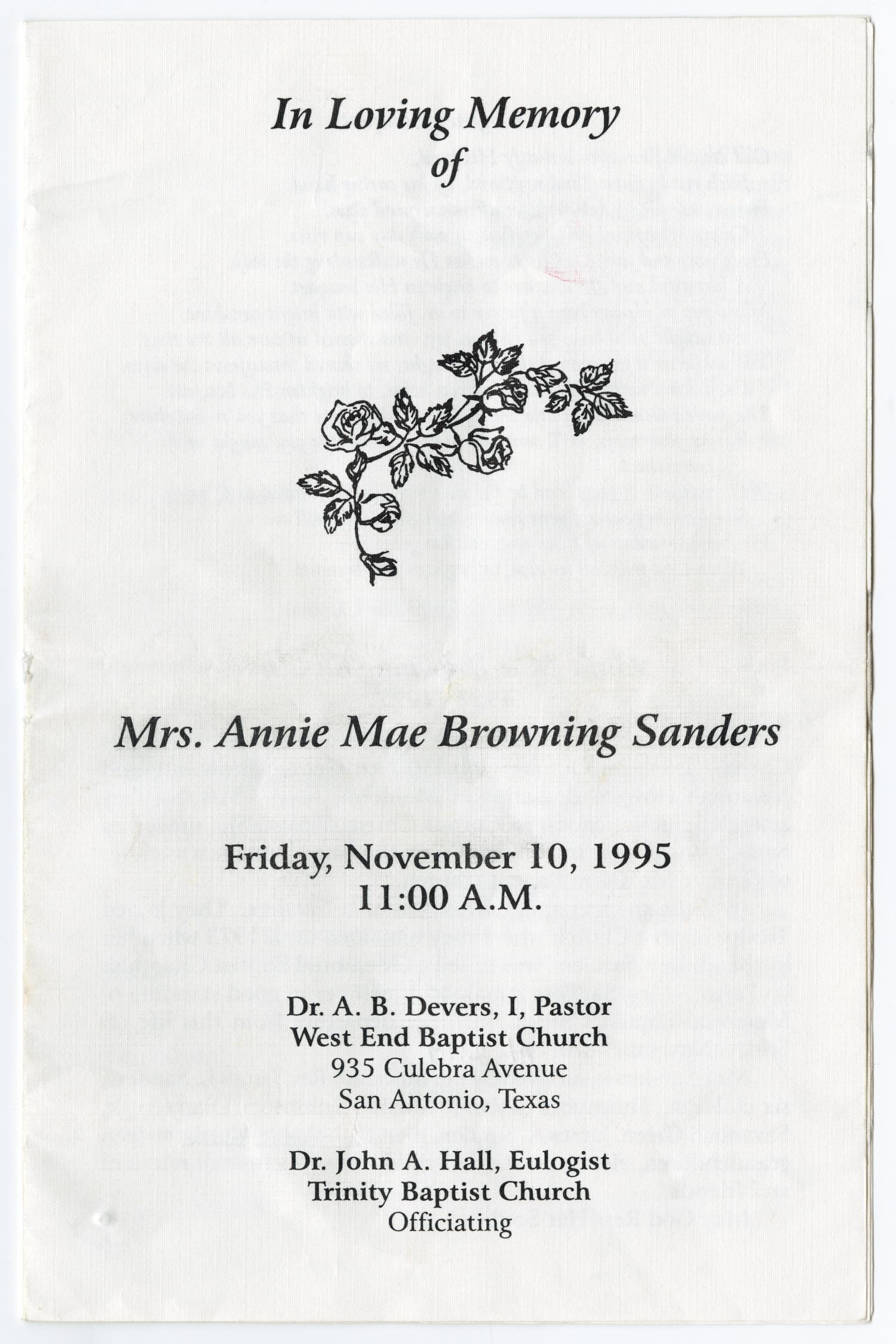 [Funeral Program for Annie Mae Browning Sanders, November 10, 1995]
                                                
                                                    [Sequence #]: 1 of 5
                                                