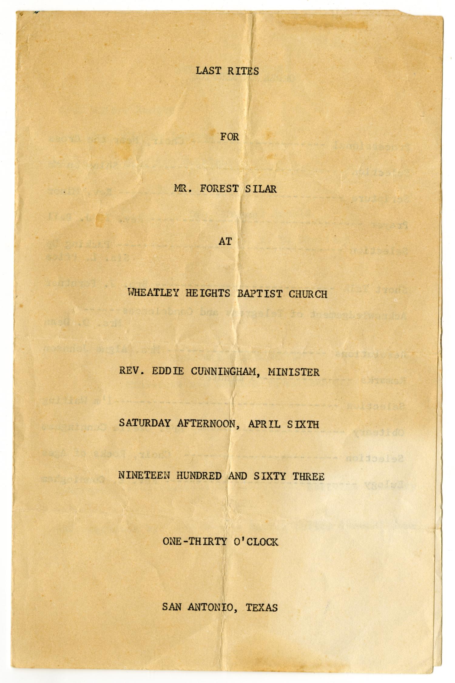 [Funeral Program for Forest Silar, April 6, 1963]
                                                
                                                    [Sequence #]: 1 of 3
                                                