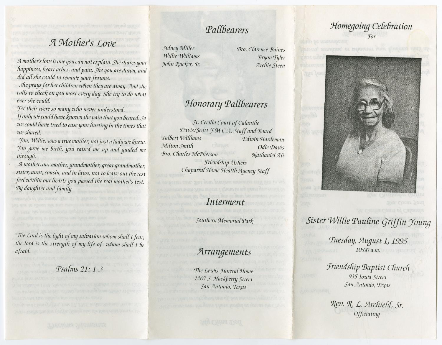 [Funeral Program for Willie Pauline Griffin Young, August 1, 1995]
                                                
                                                    [Sequence #]: 3 of 3
                                                