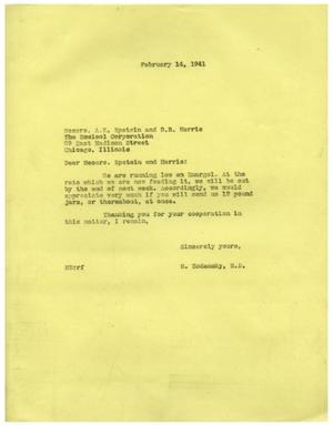 Primary view of object titled '[Letter from Meyer Bodansky to The Emulsol Corporation - February 14, 1941]'.