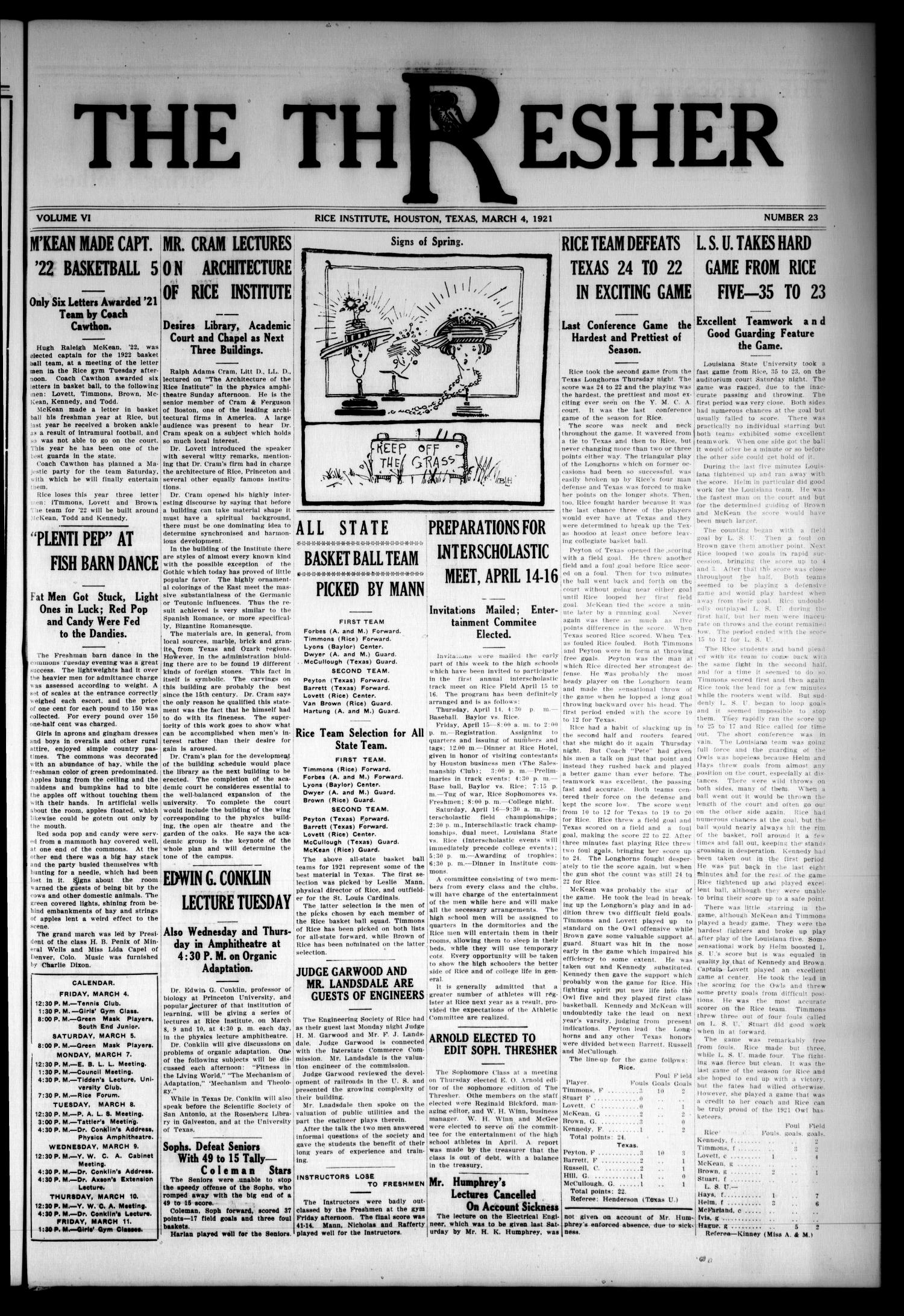 The Thresher (Houston, Tex.), Vol. 6, No. 23, Ed. 1 Friday, March 4, 1921
                                                
                                                    [Sequence #]: 1 of 4
                                                