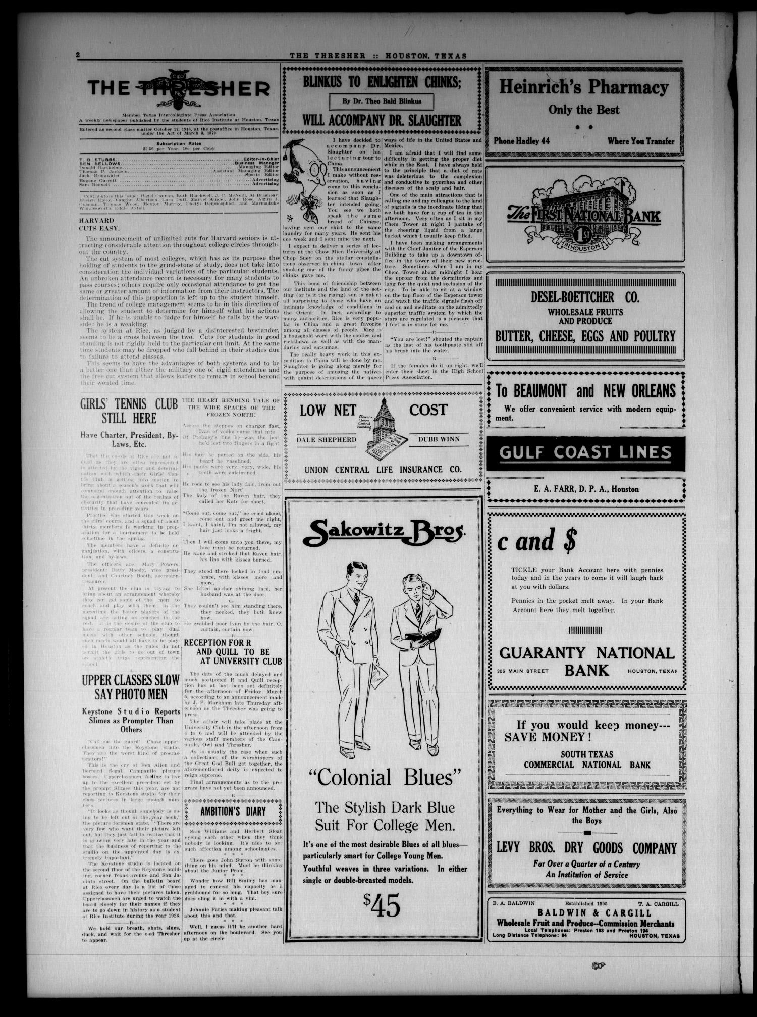 The Thresher (Houston, Tex.), Vol. 11, No. 19, Ed. 1 Friday, February 26, 1926
                                                
                                                    [Sequence #]: 2 of 4
                                                