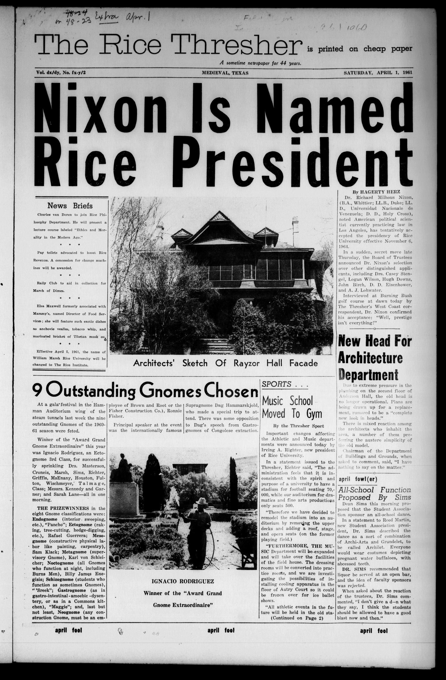 The Rice Thresher (Houston, Tex.), Vol. 48, No. 23, Ed. 1 Friday, March 24, 1961
                                                
                                                    [Sequence #]: 1 of 8
                                                