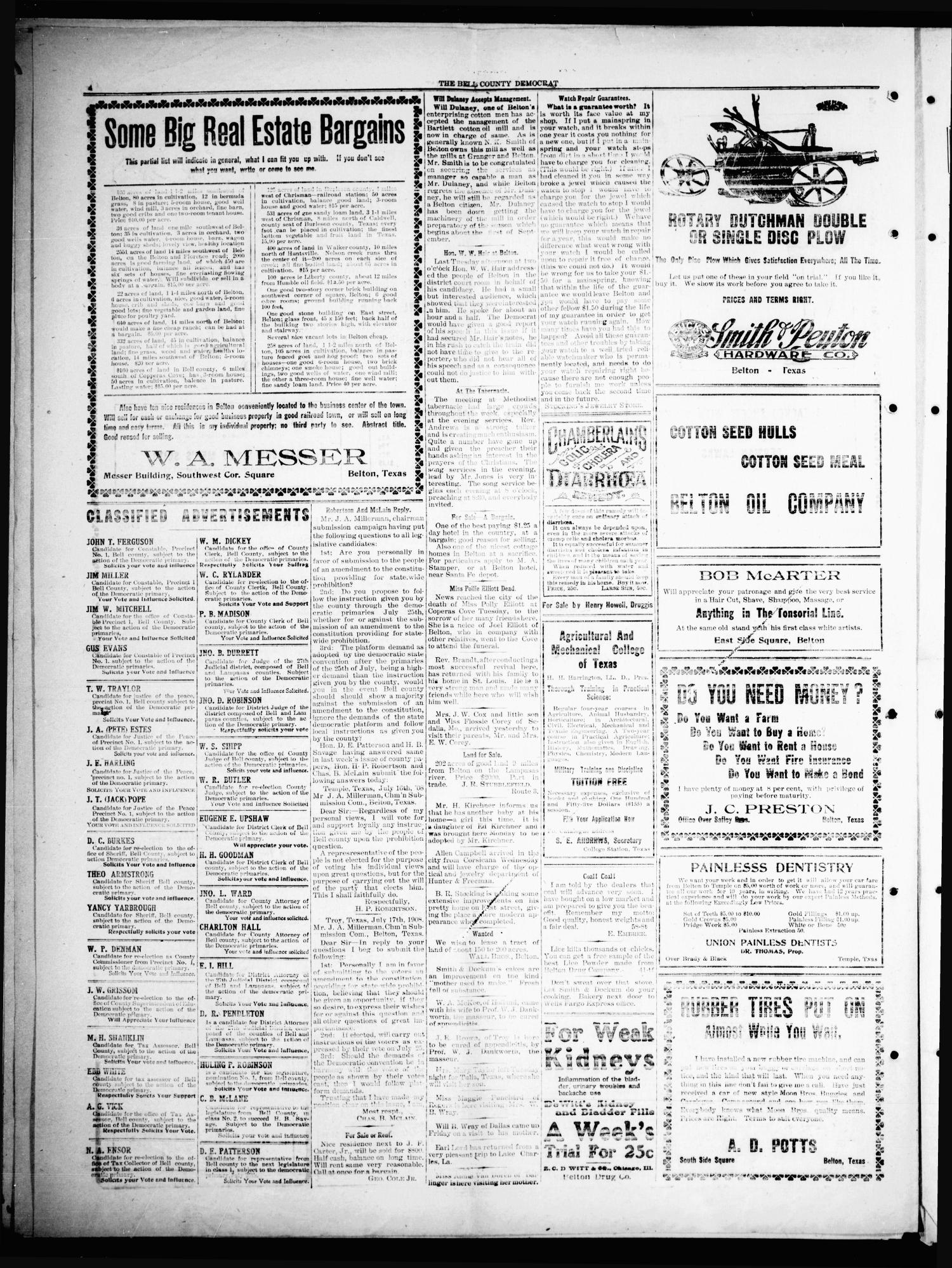 Bell County Democrat (Belton, Tex.), Vol. 13, No. 2, Ed. 1 Friday, July 24, 1908
                                                
                                                    [Sequence #]: 4 of 4
                                                