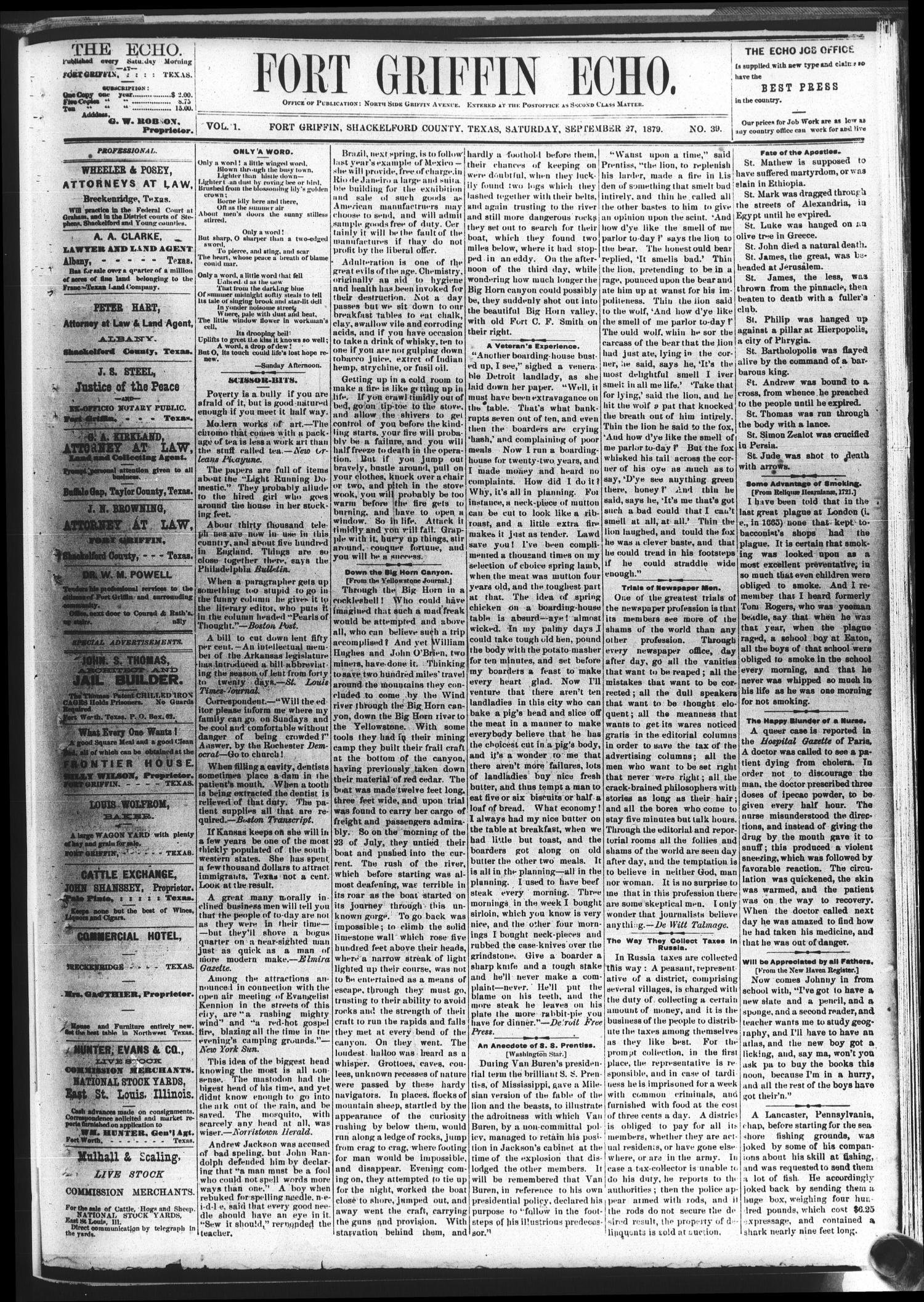 Fort Griffin Echo (Fort Griffin, Tex.), Vol. 1, No. 39, Ed. 1 Saturday, September 27, 1879
                                                
                                                    [Sequence #]: 1 of 4
                                                