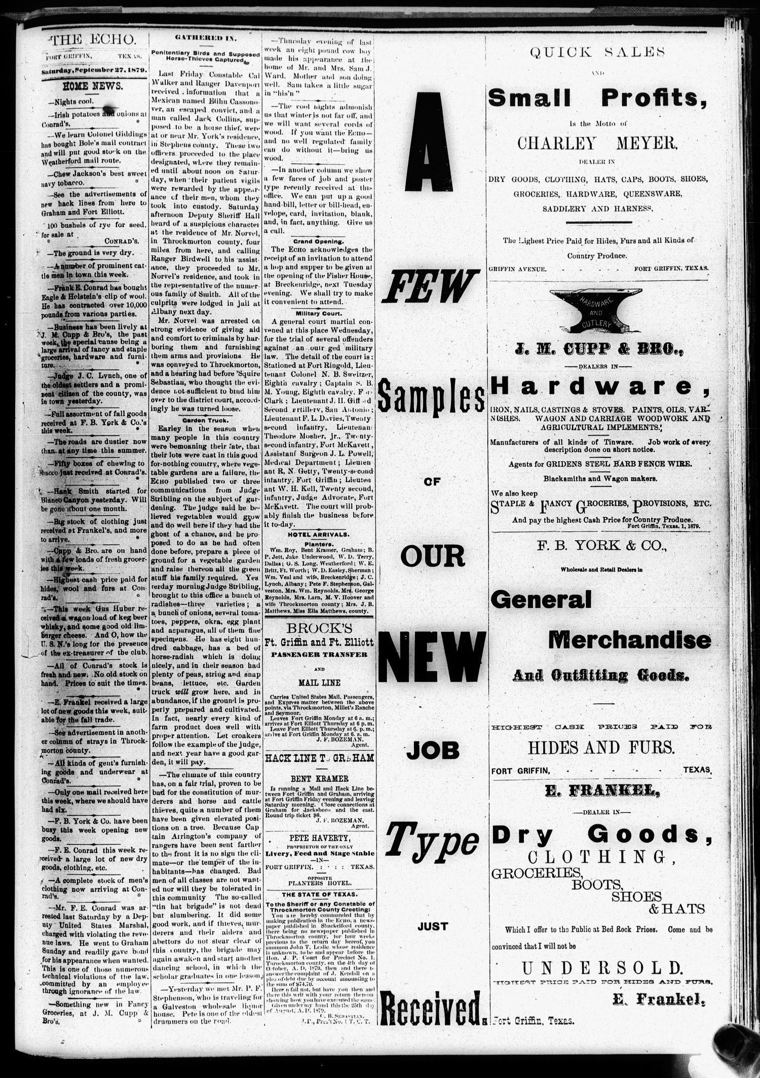 Fort Griffin Echo (Fort Griffin, Tex.), Vol. 1, No. 39, Ed. 1 Saturday, September 27, 1879
                                                
                                                    [Sequence #]: 3 of 4
                                                