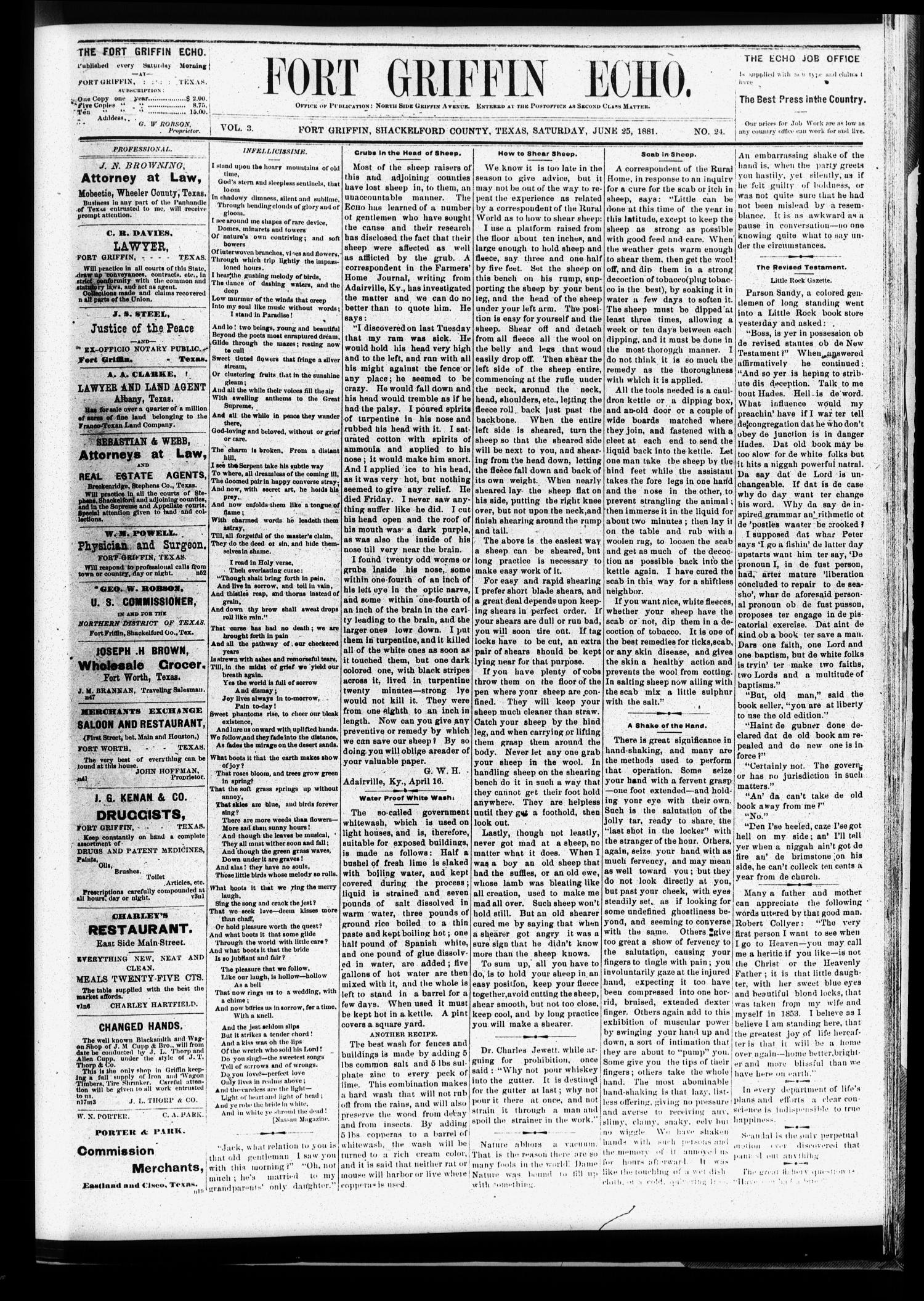 Fort Griffin Echo (Fort Griffin, Tex.), Vol. 3, No. 24, Ed. 1 Saturday, June 25, 1881
                                                
                                                    [Sequence #]: 1 of 4
                                                