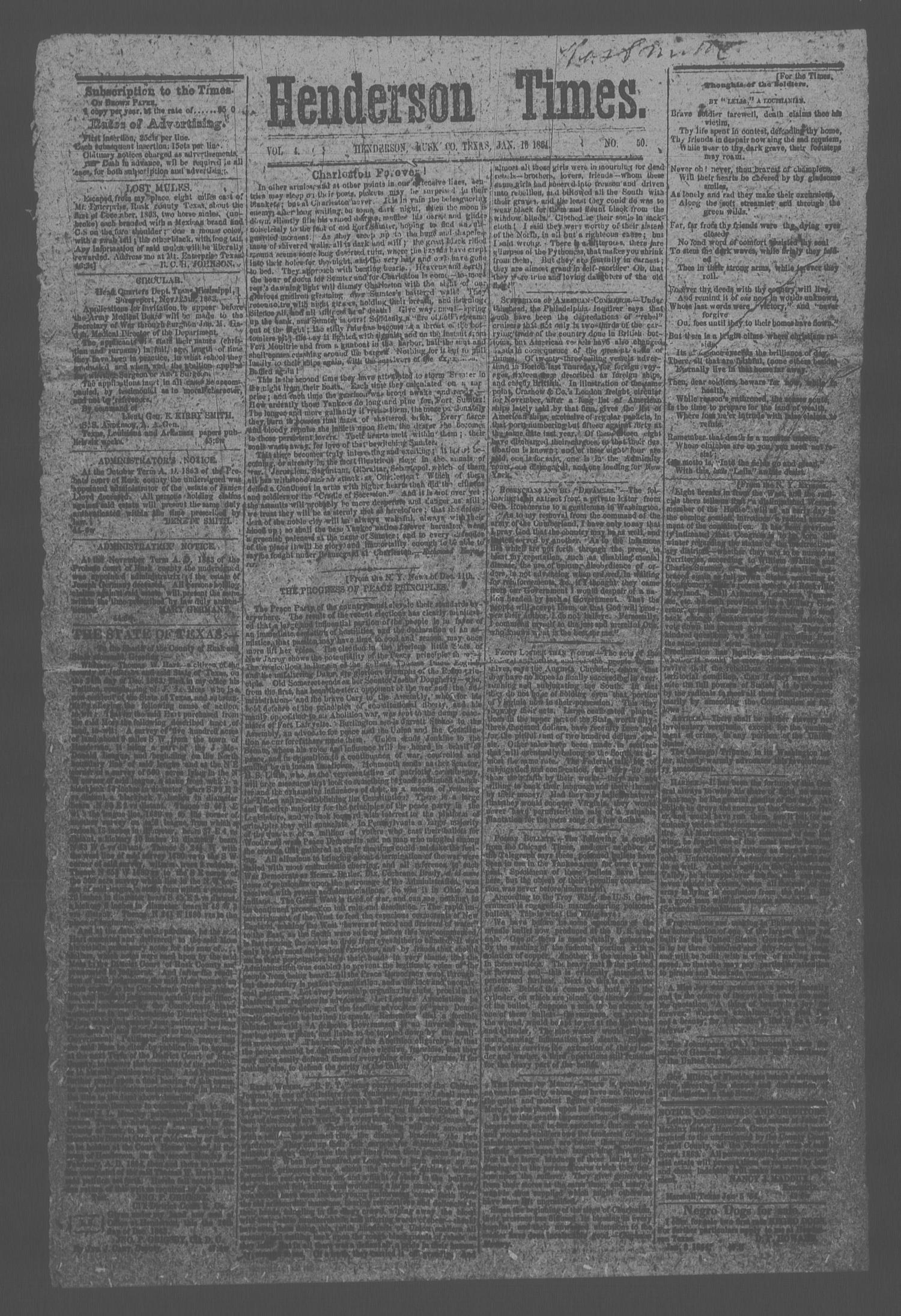 Henderson Times.  (Henderson, Tex.), Vol. 4, No. 50, Ed. 1 Saturday, January 16, 1864
                                                
                                                    [Sequence #]: 1 of 2
                                                